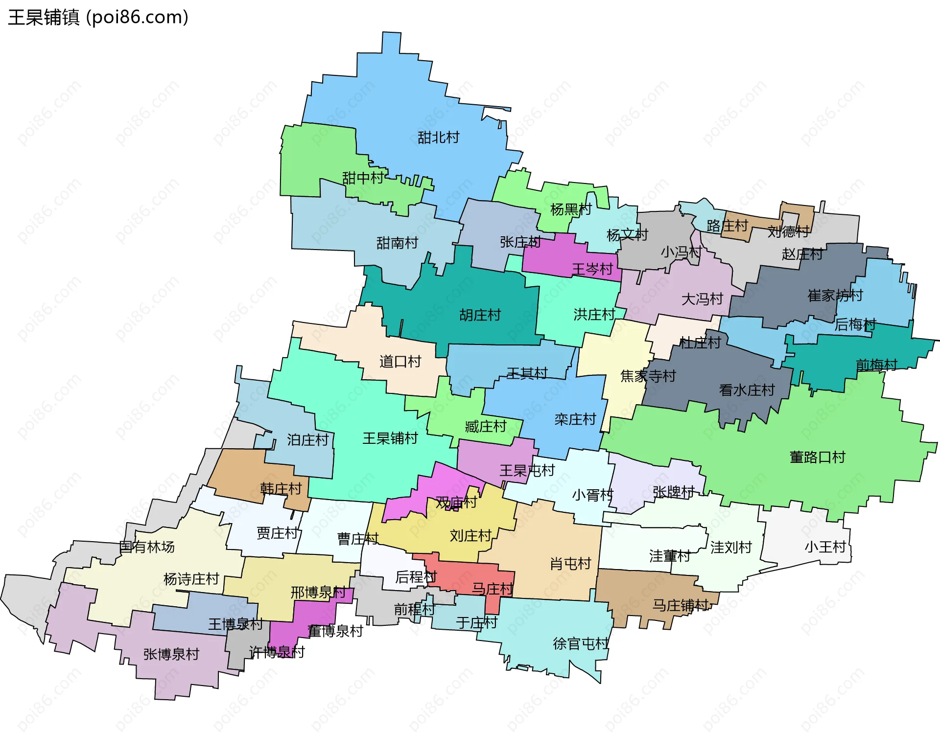 王杲铺镇边界地图(五级行政区划)