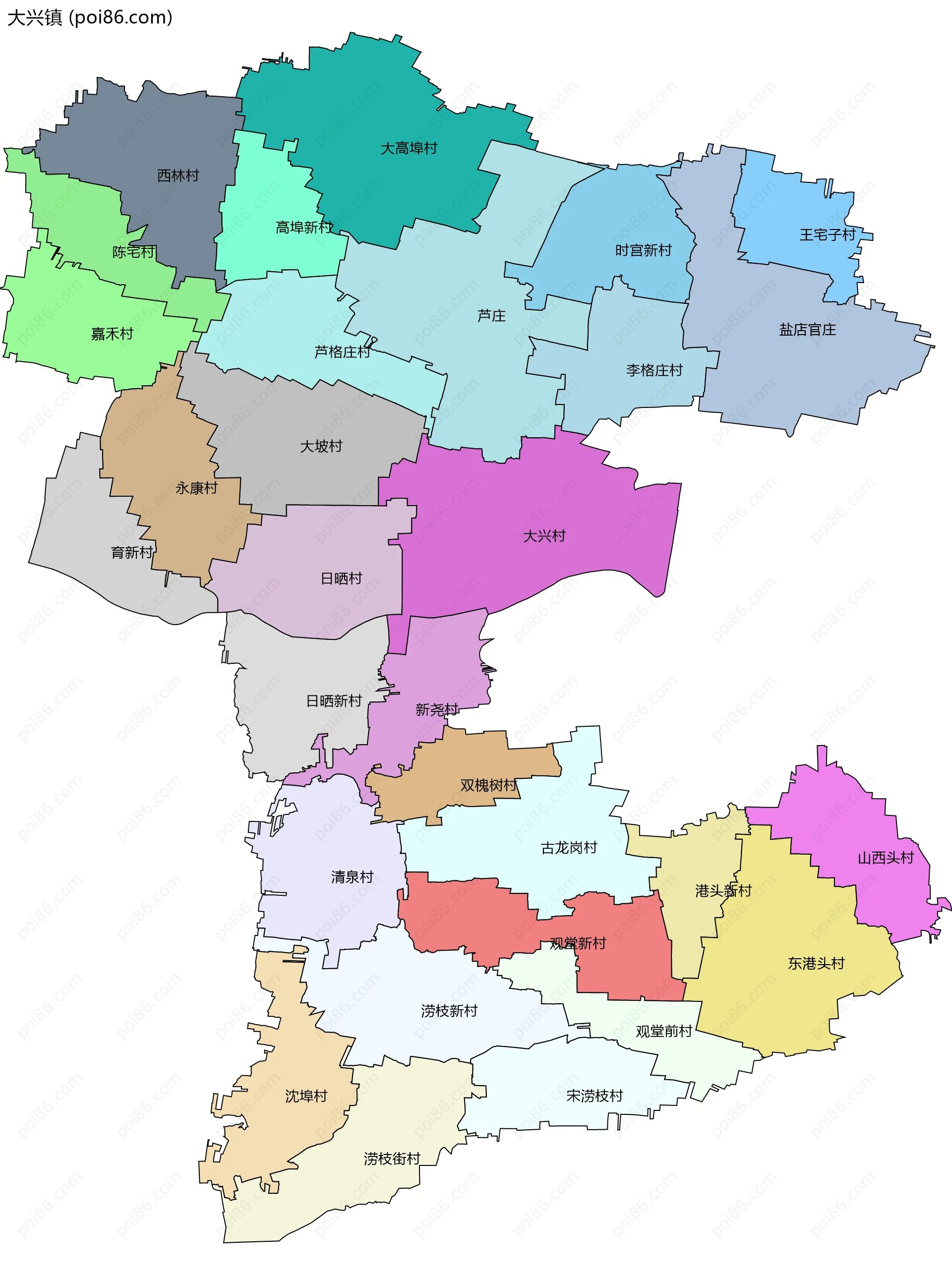 大兴镇边界地图(五级行政区划)