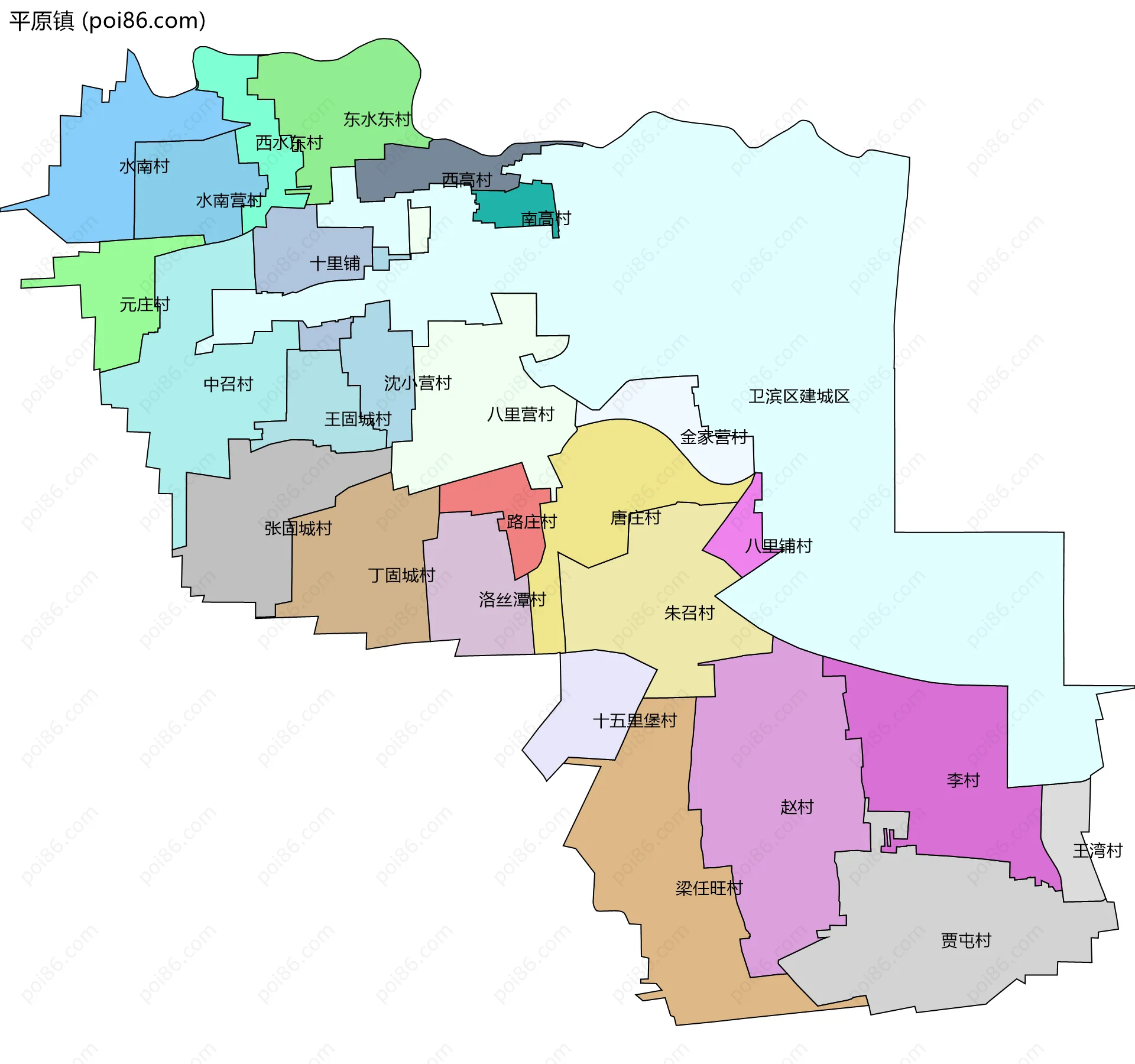 平原镇边界地图(五级行政区划)