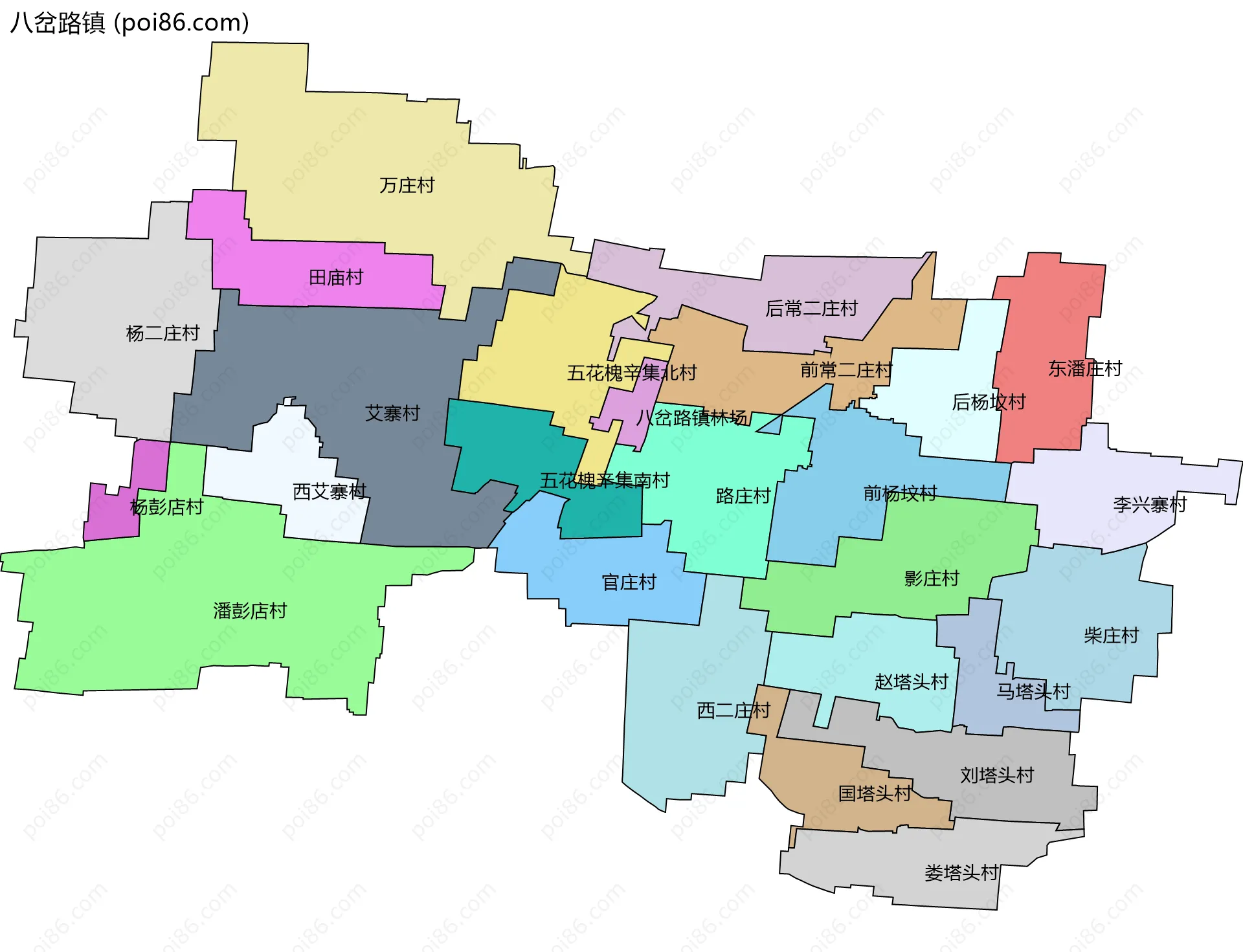 八岔路镇边界地图(五级行政区划)