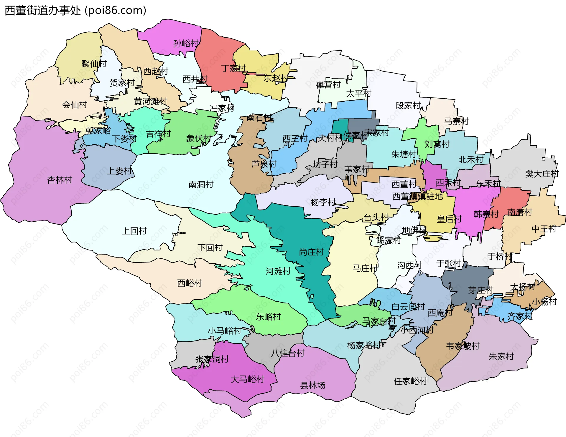 西董街道办事处边界地图(五级行政区划)