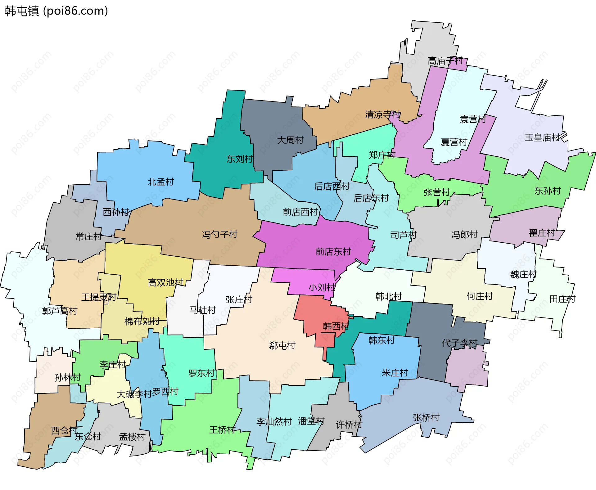 韩屯镇边界地图(五级行政区划)