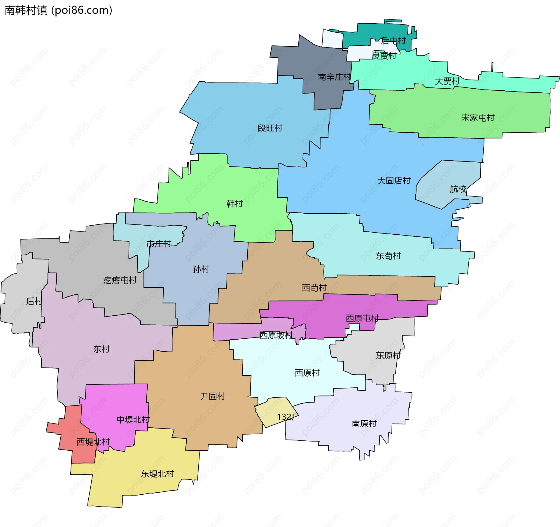 南韩村镇边界地图(五级行政区划)