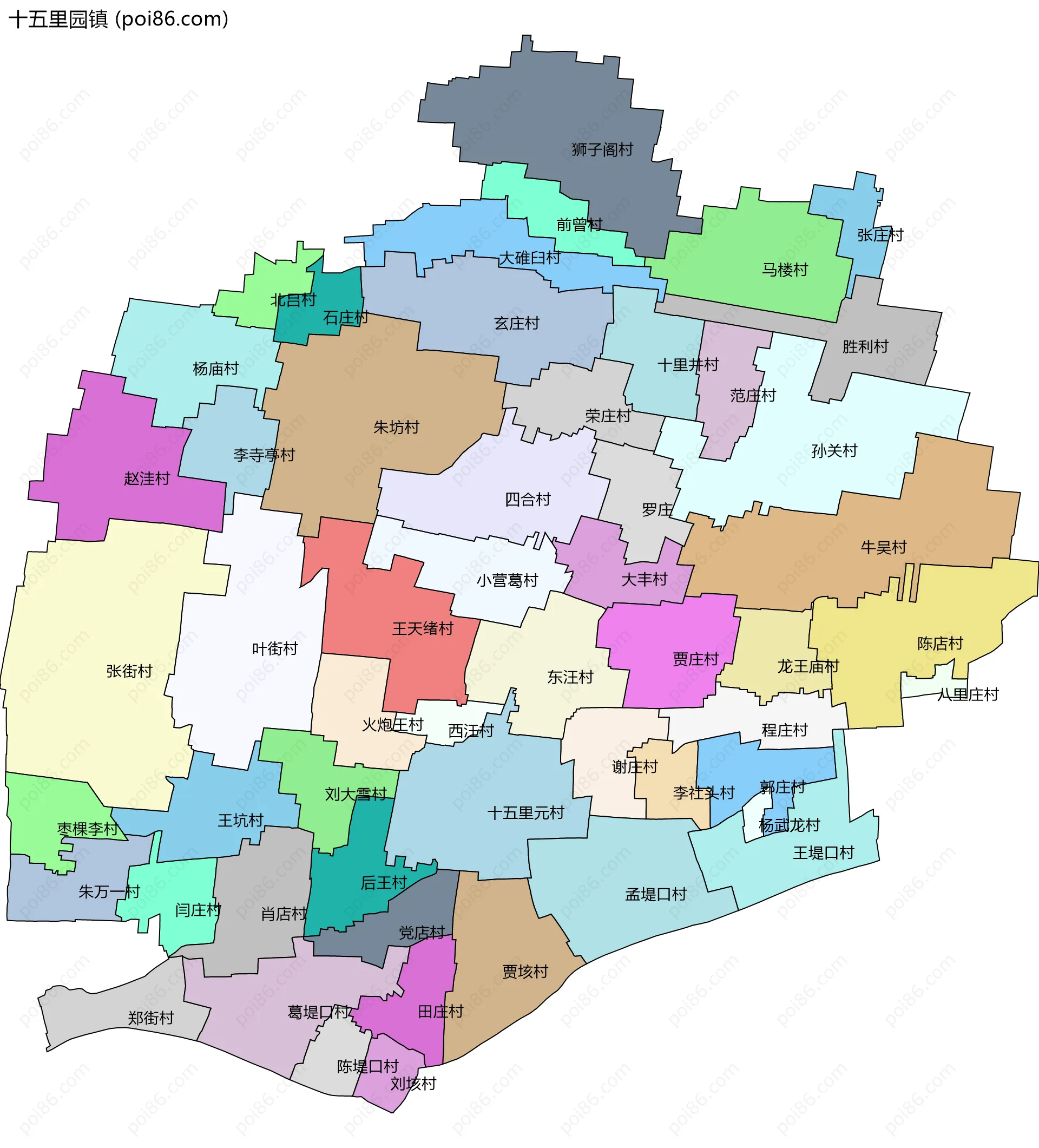 十五里园镇边界地图(五级行政区划)