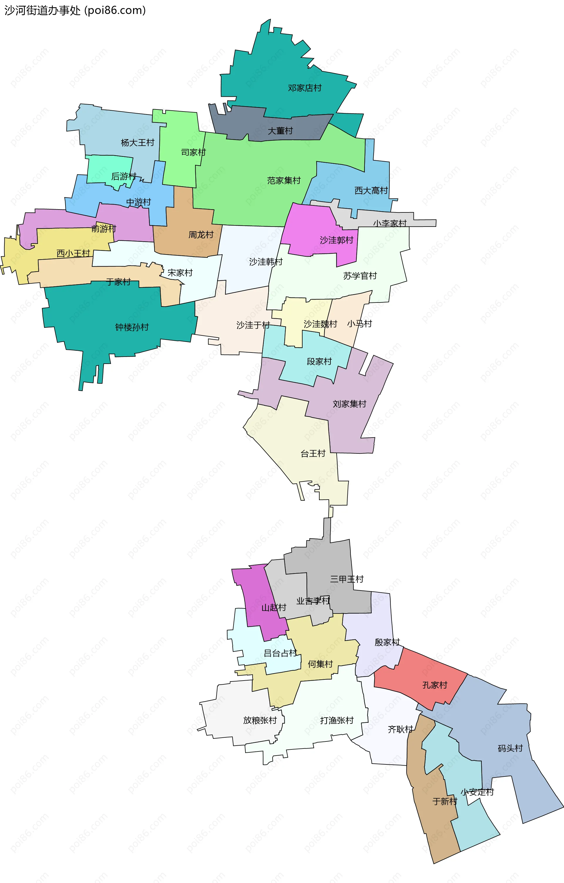 沙河街道办事处边界地图(五级行政区划)