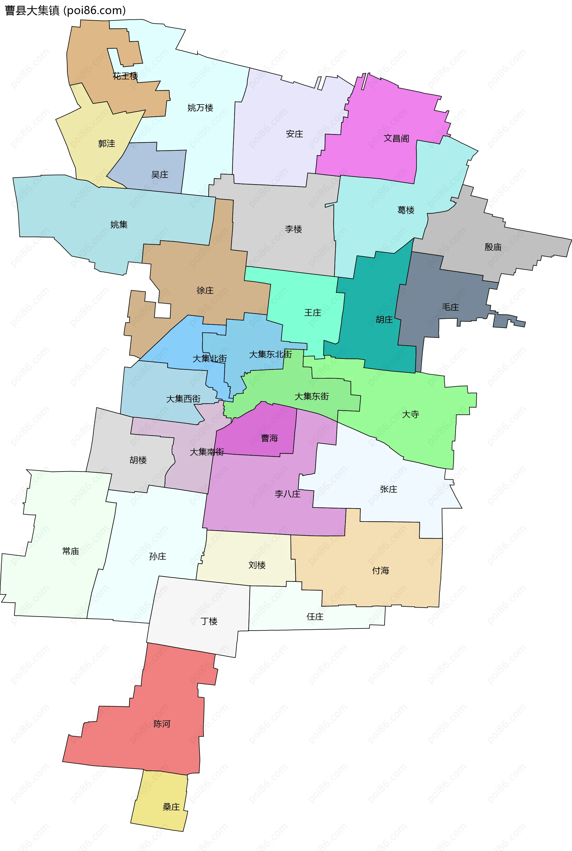 曹县大集镇边界地图(五级行政区划)