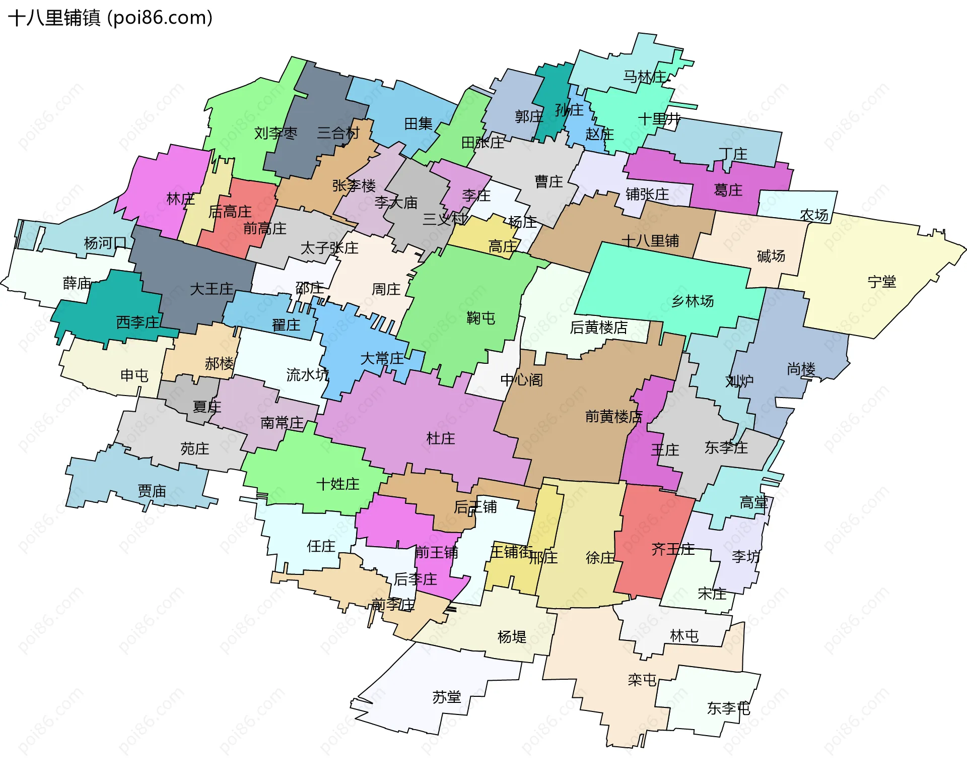 十八里铺镇边界地图(五级行政区划)