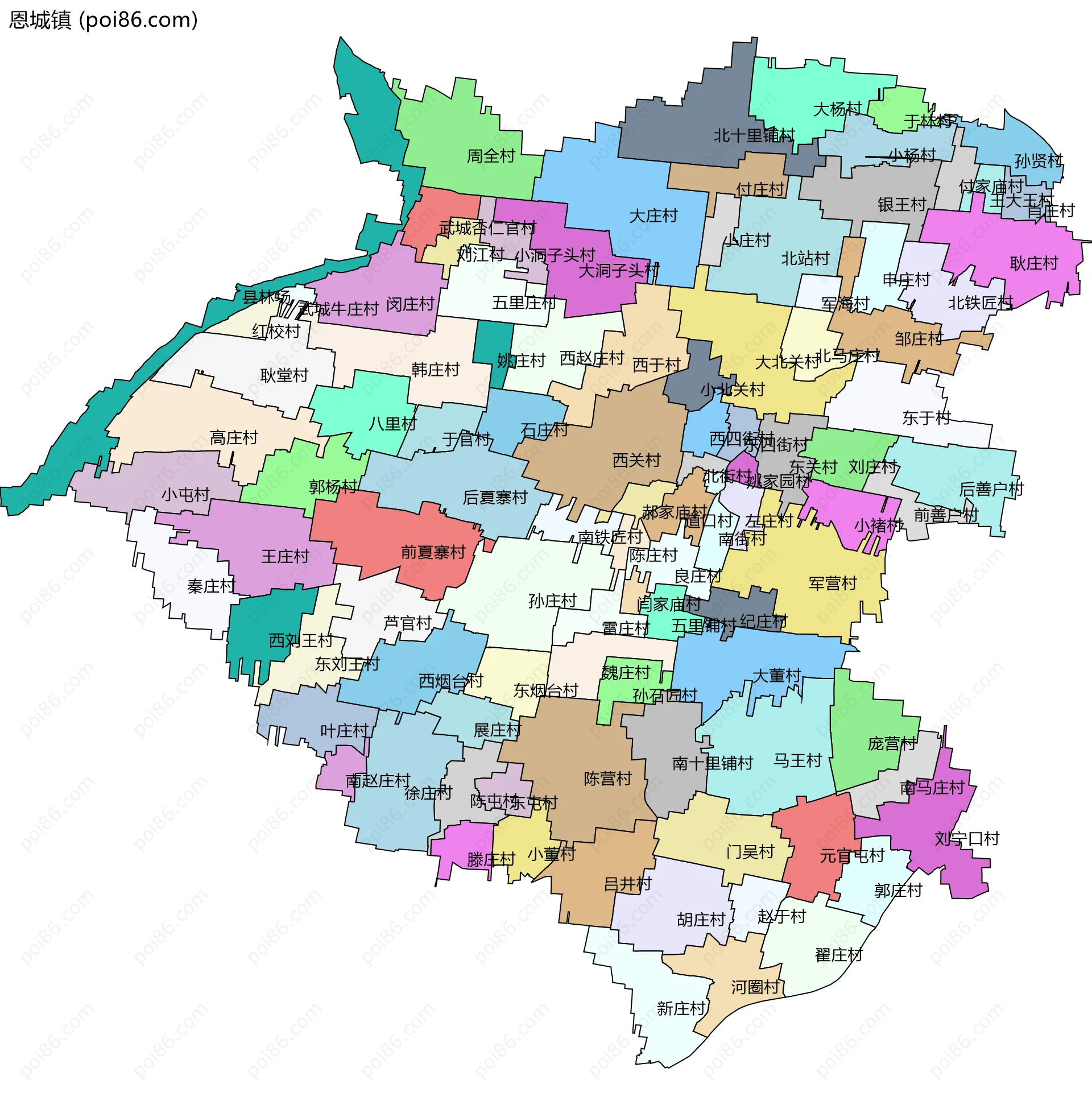 恩城镇边界地图(五级行政区划)