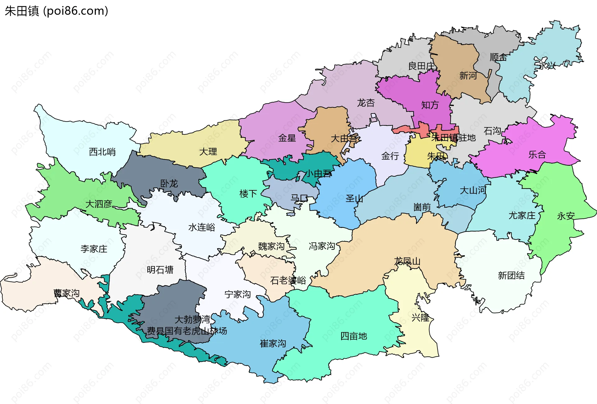 朱田镇边界地图(五级行政区划)