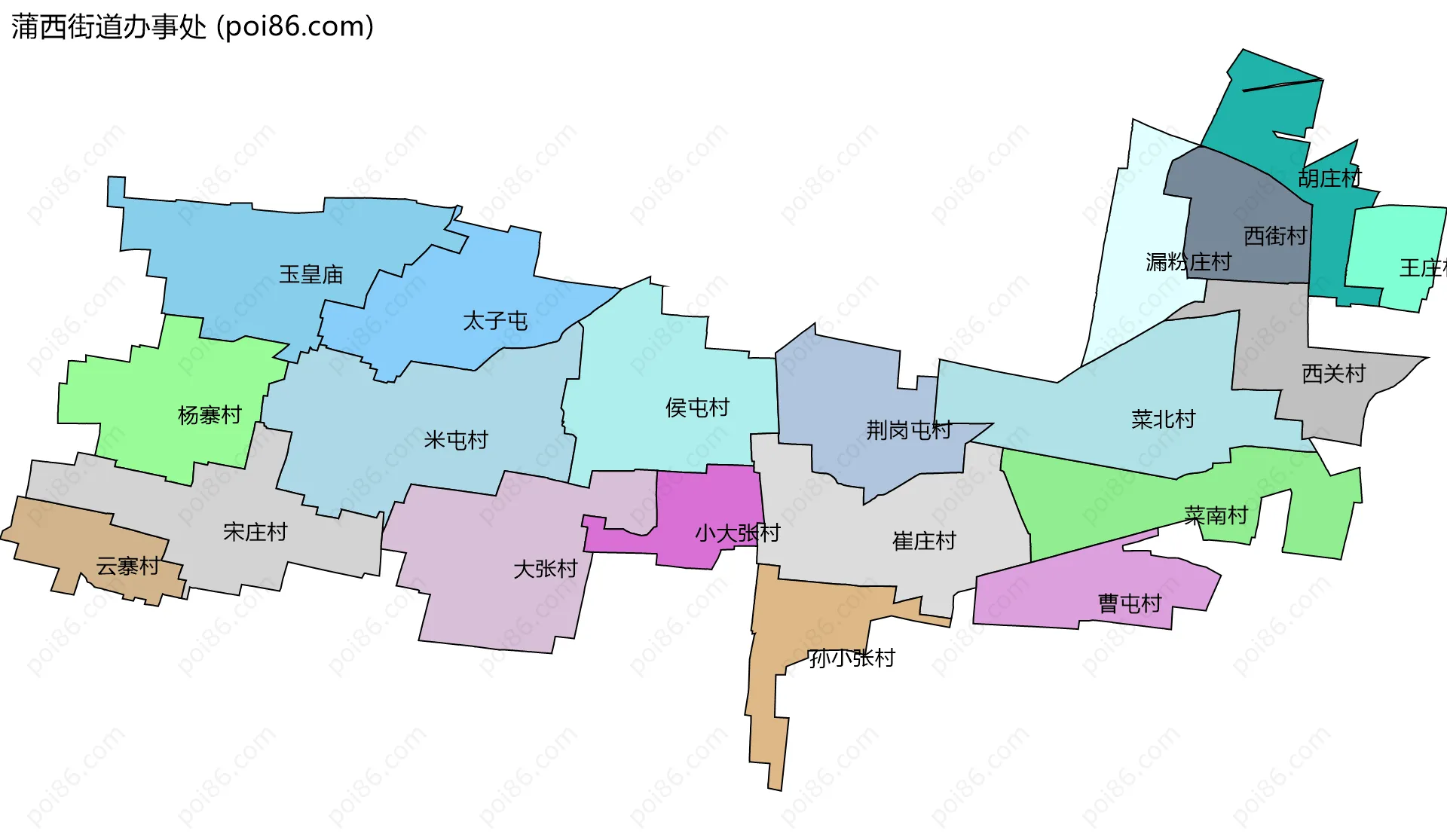 蒲西街道办事处边界地图(五级行政区划)
