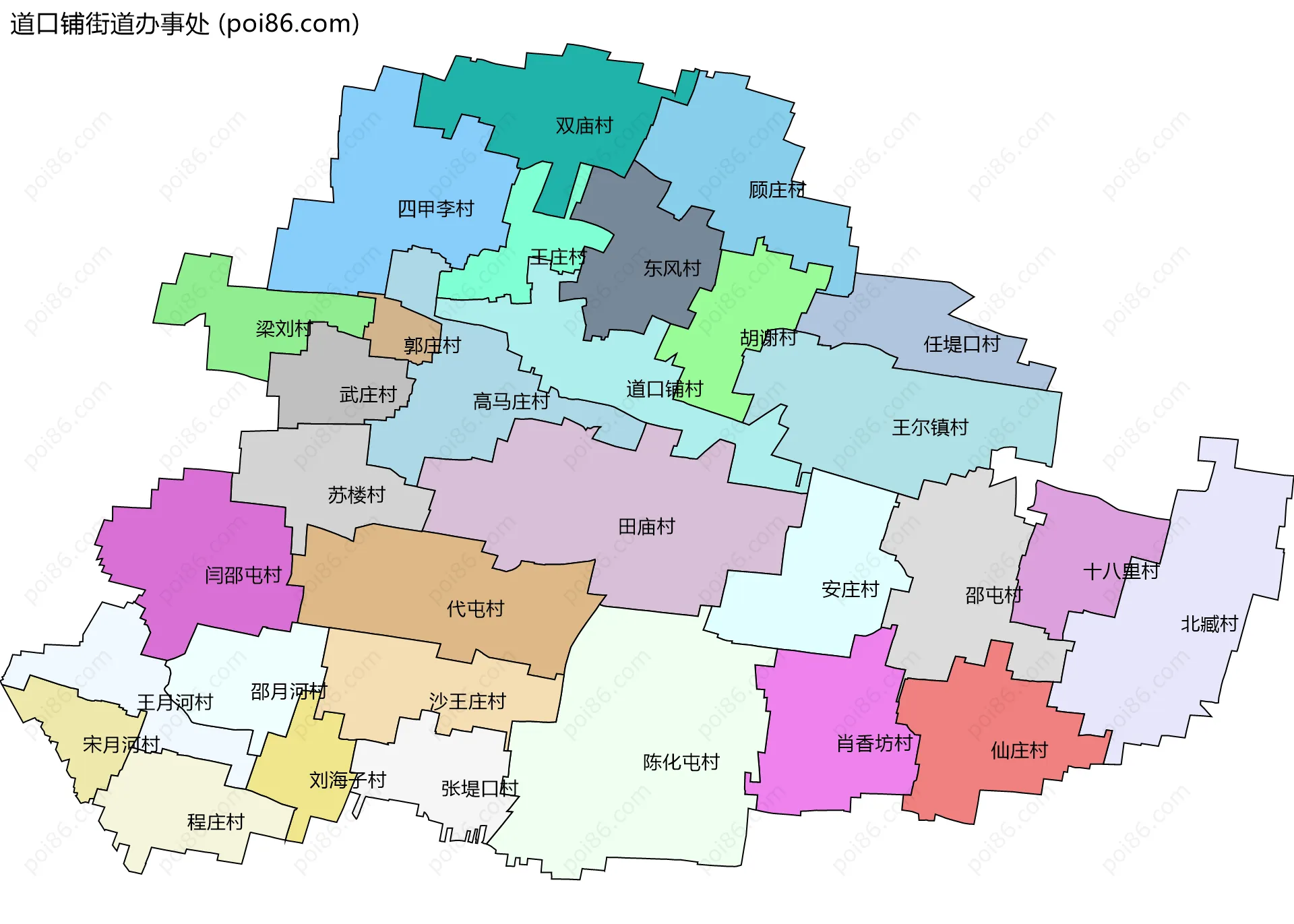道口铺街道办事处边界地图(五级行政区划)