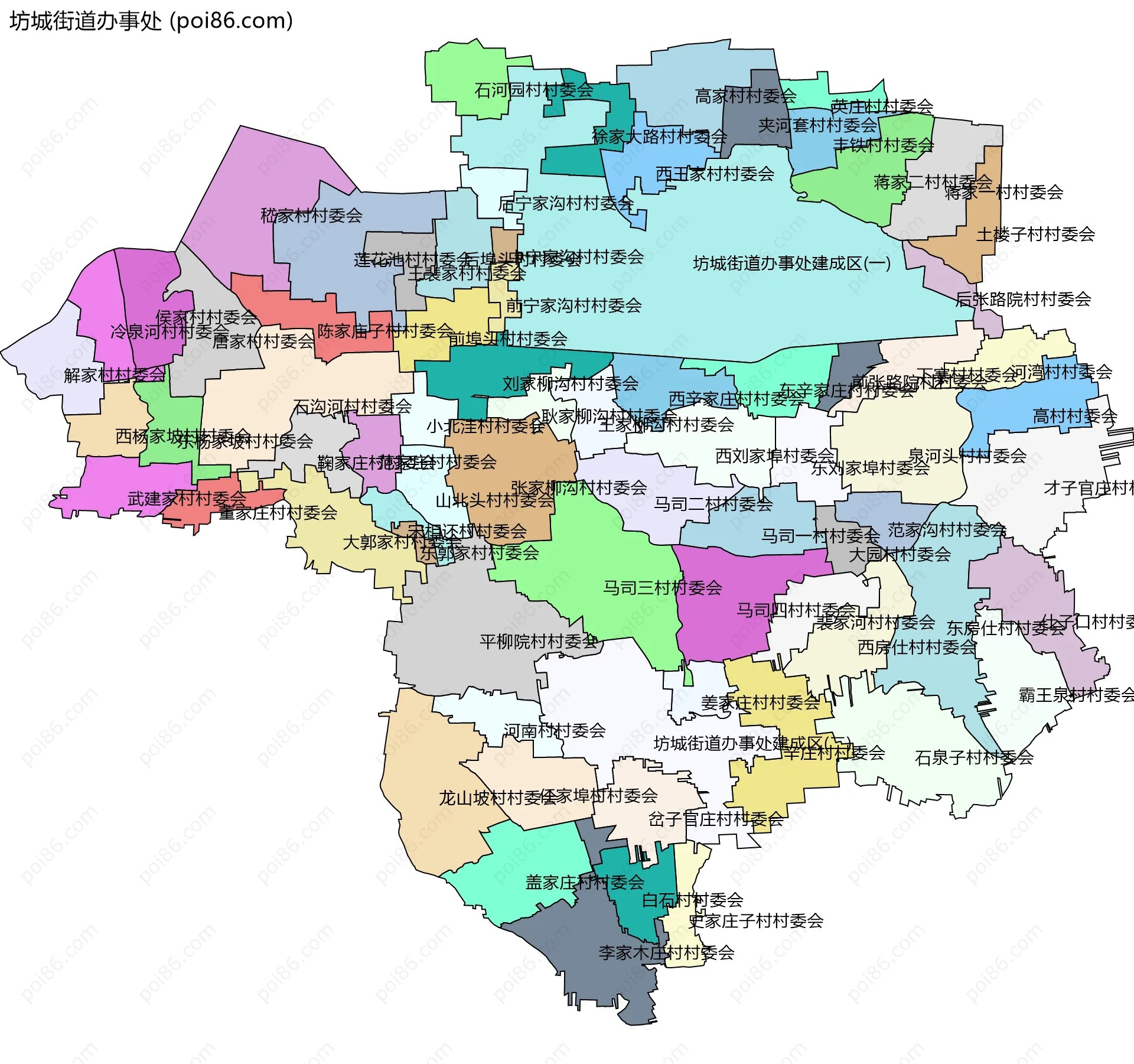 坊城街道办事处边界地图(五级行政区划)