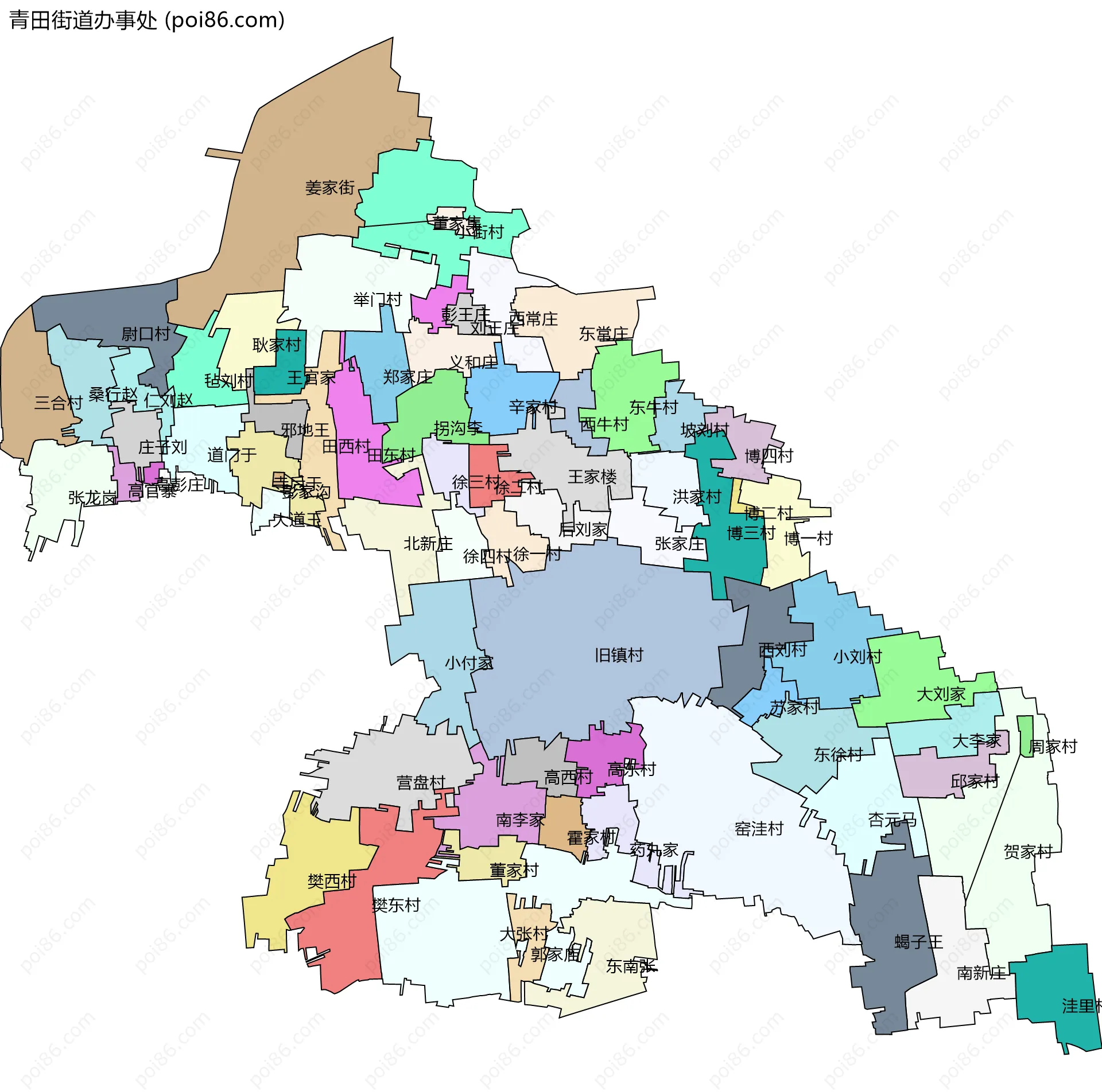 青田街道办事处边界地图(五级行政区划)