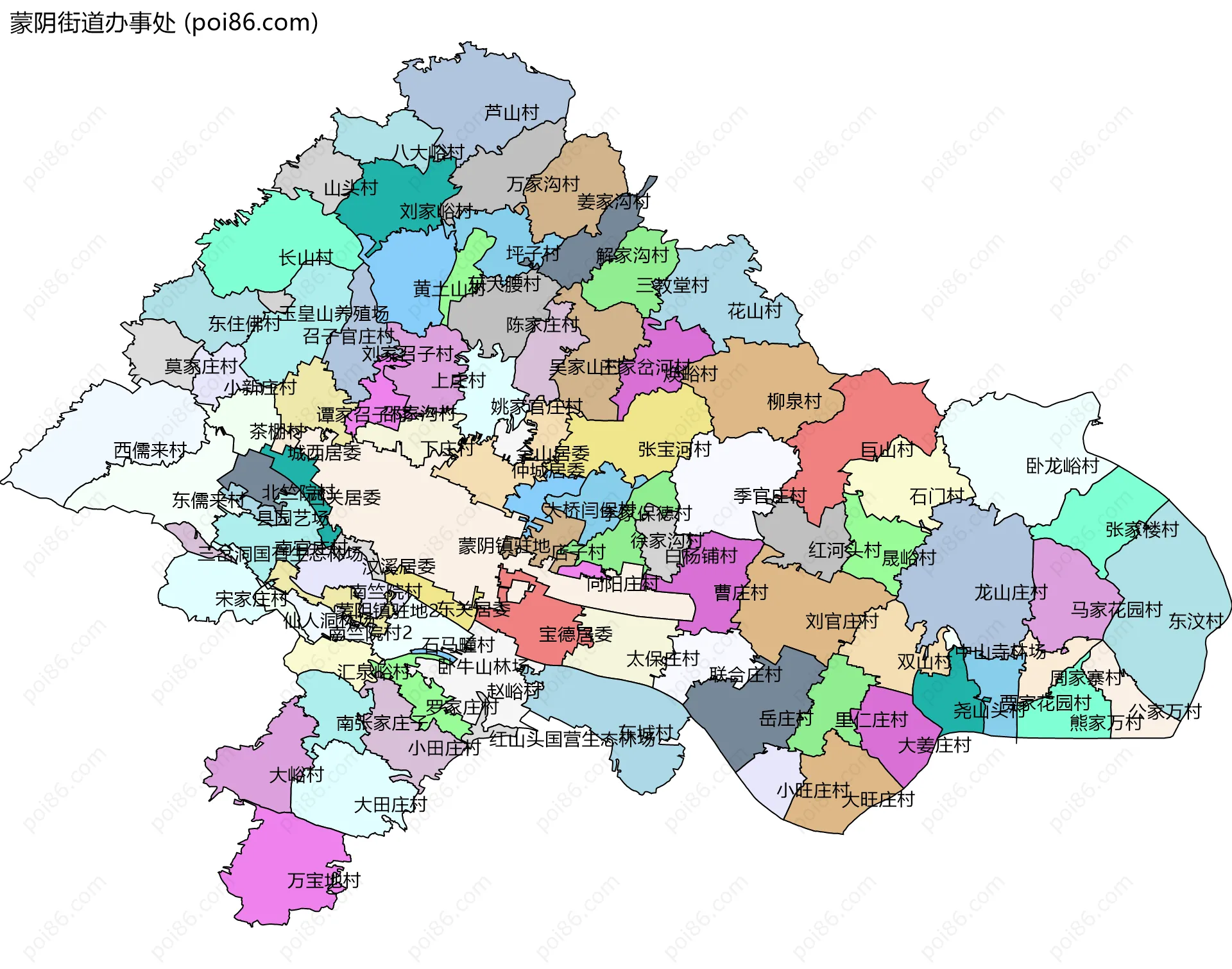 蒙阴街道办事处边界地图(五级行政区划)