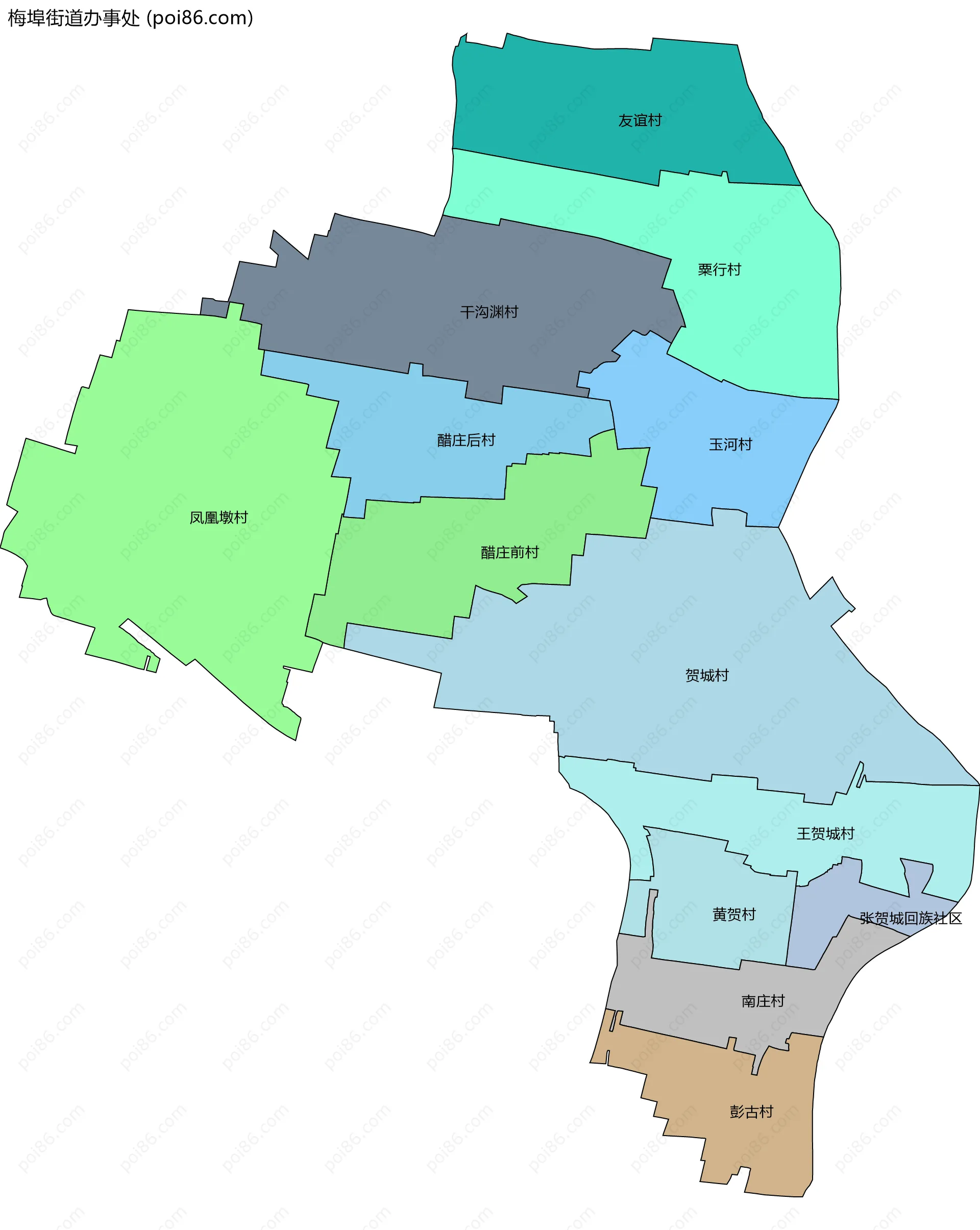 梅埠街道办事处边界地图(五级行政区划)