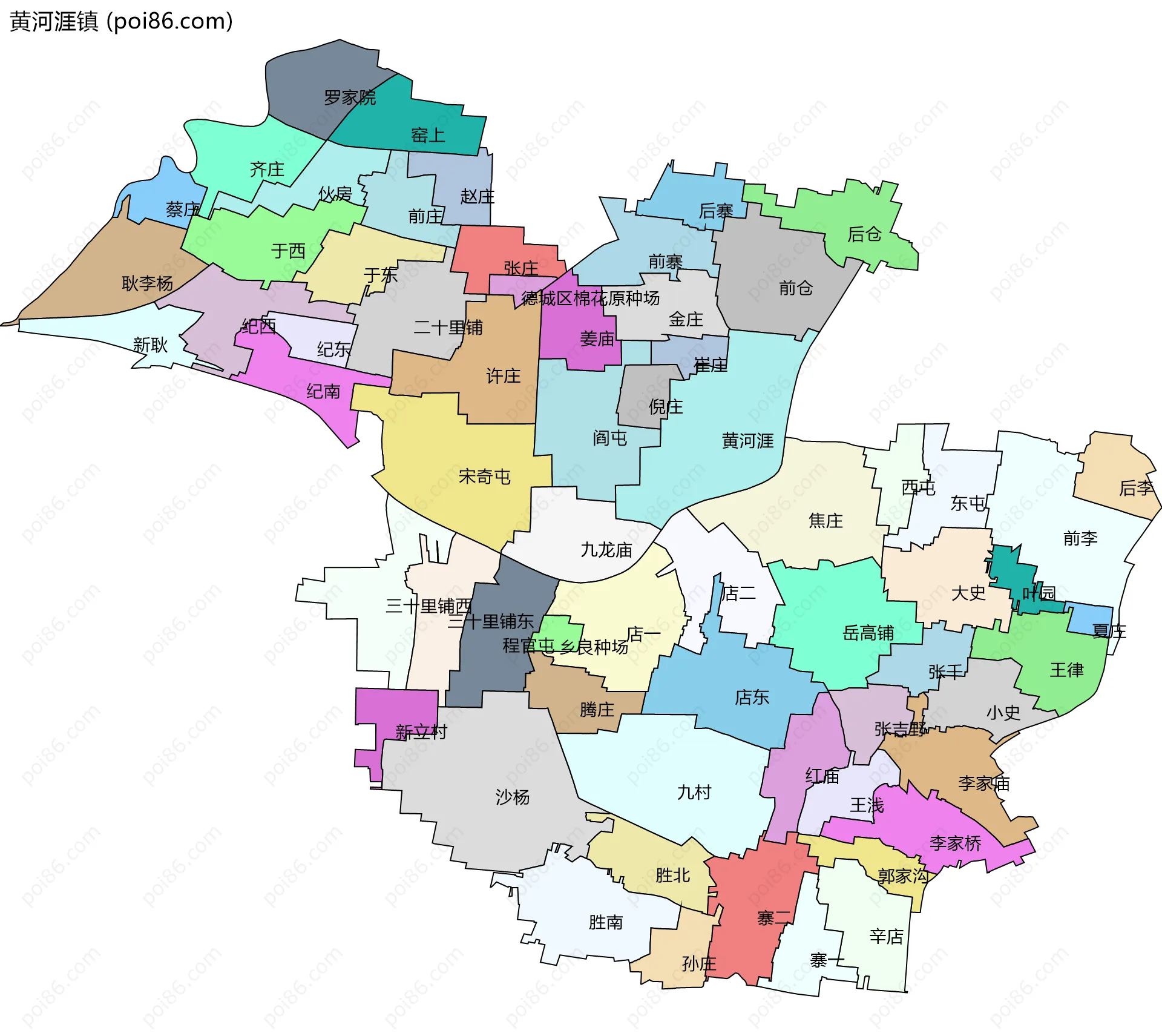 黄河涯镇边界地图(五级行政区划)