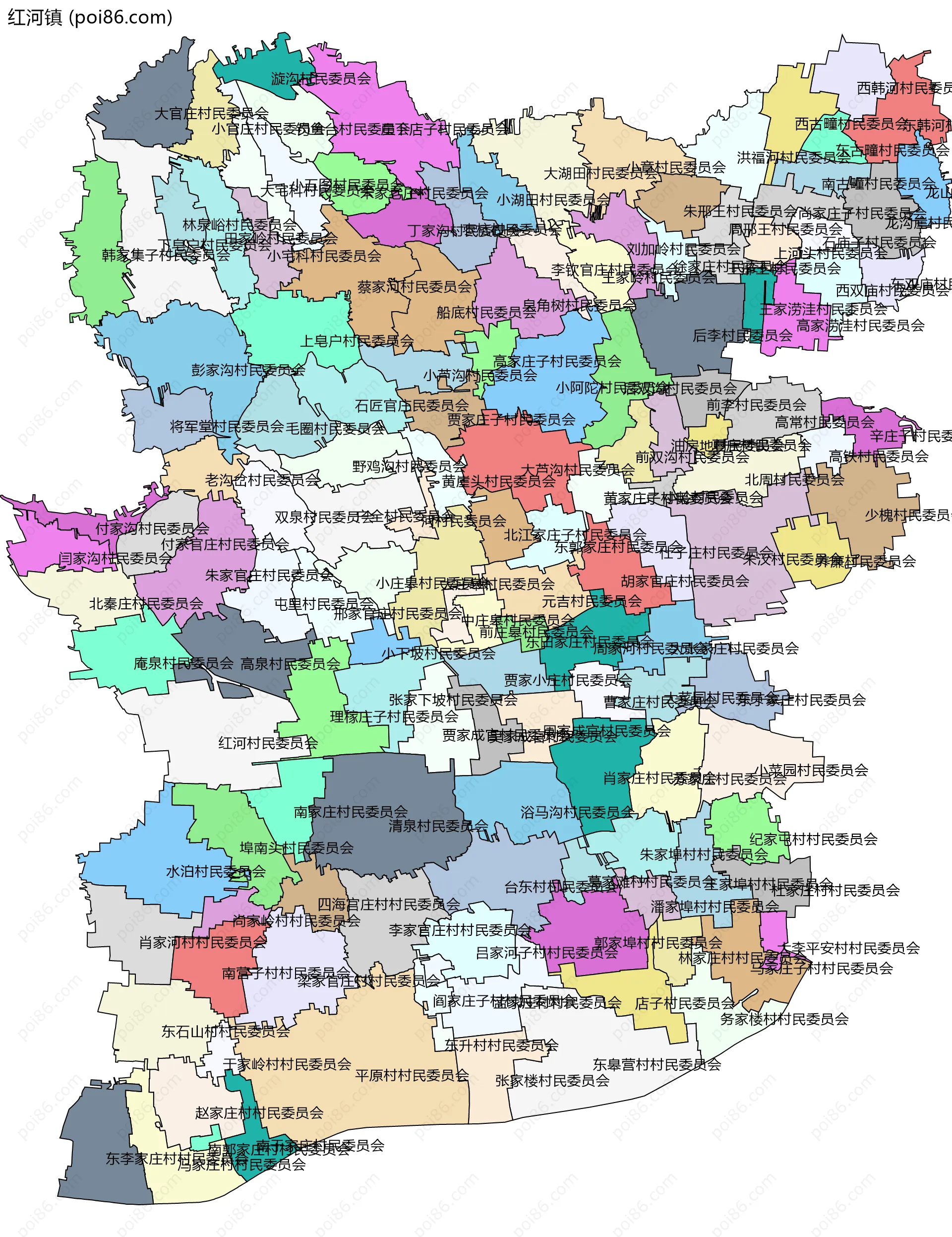 红河镇边界地图(五级行政区划)