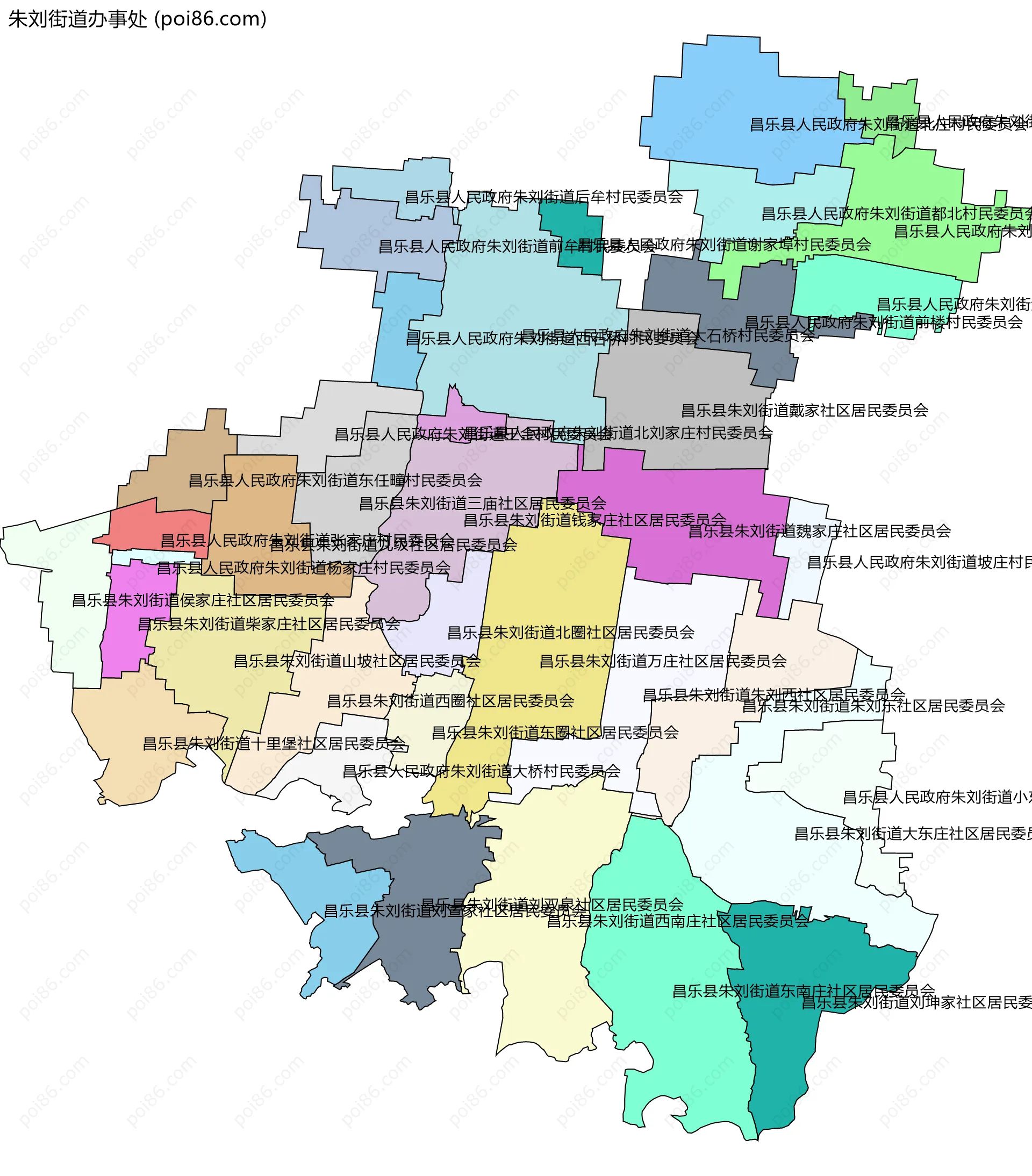 朱刘街道办事处边界地图(五级行政区划)