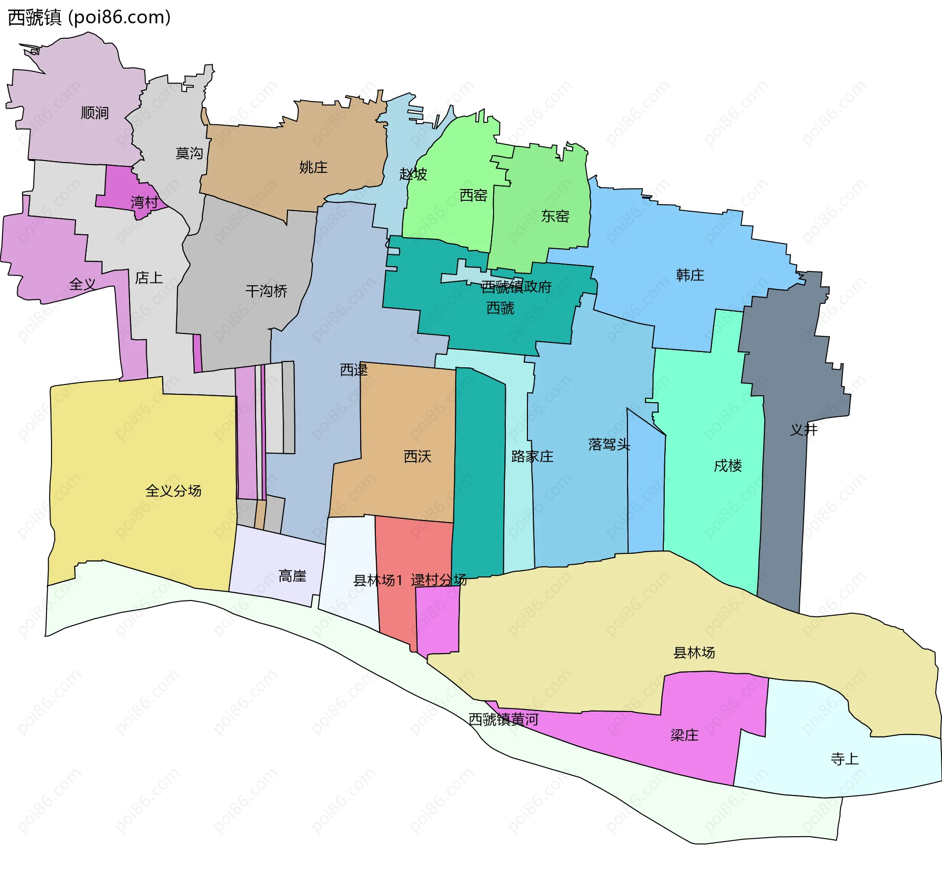 西虢镇边界地图(五级行政区划)