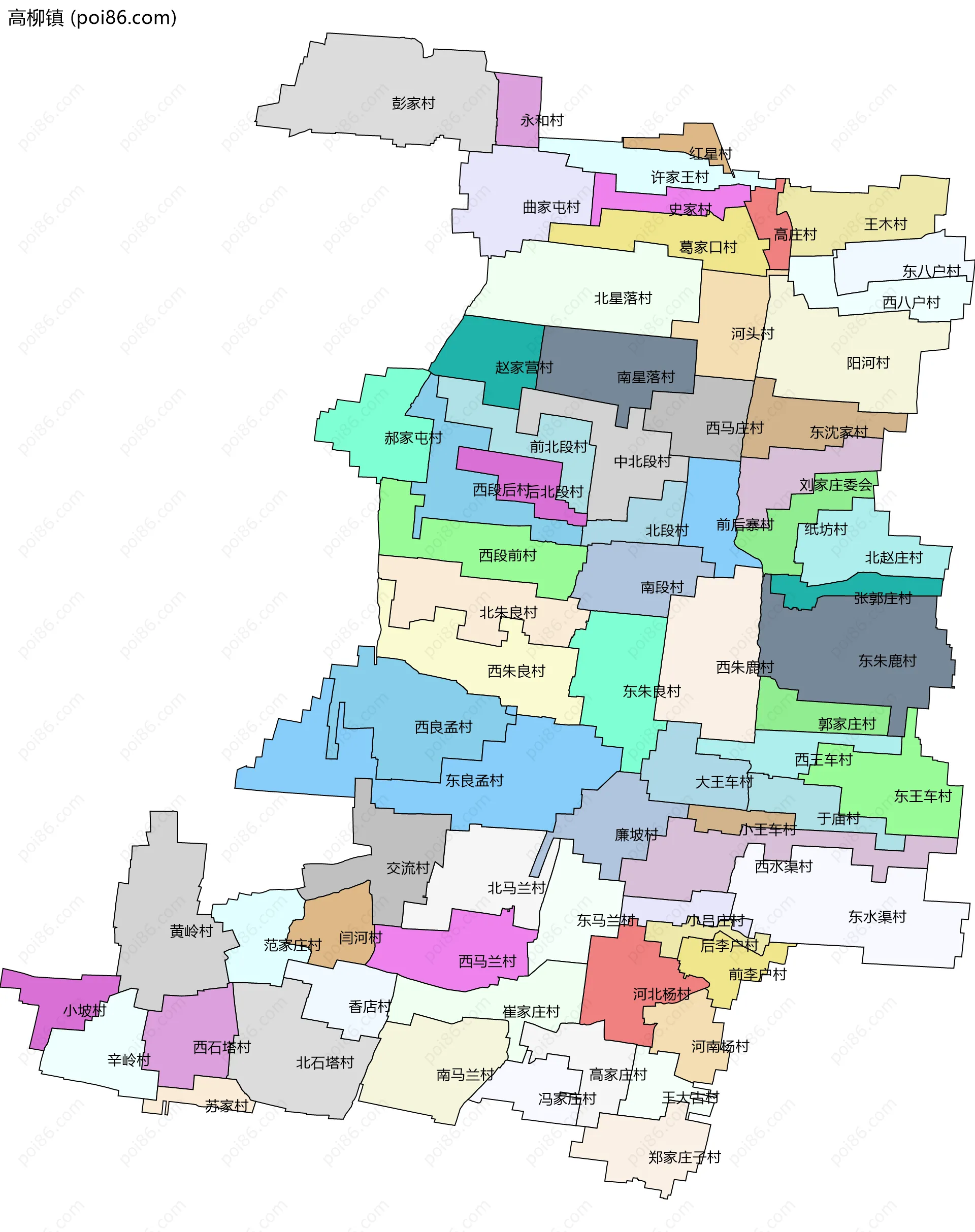 高柳镇边界地图(五级行政区划)