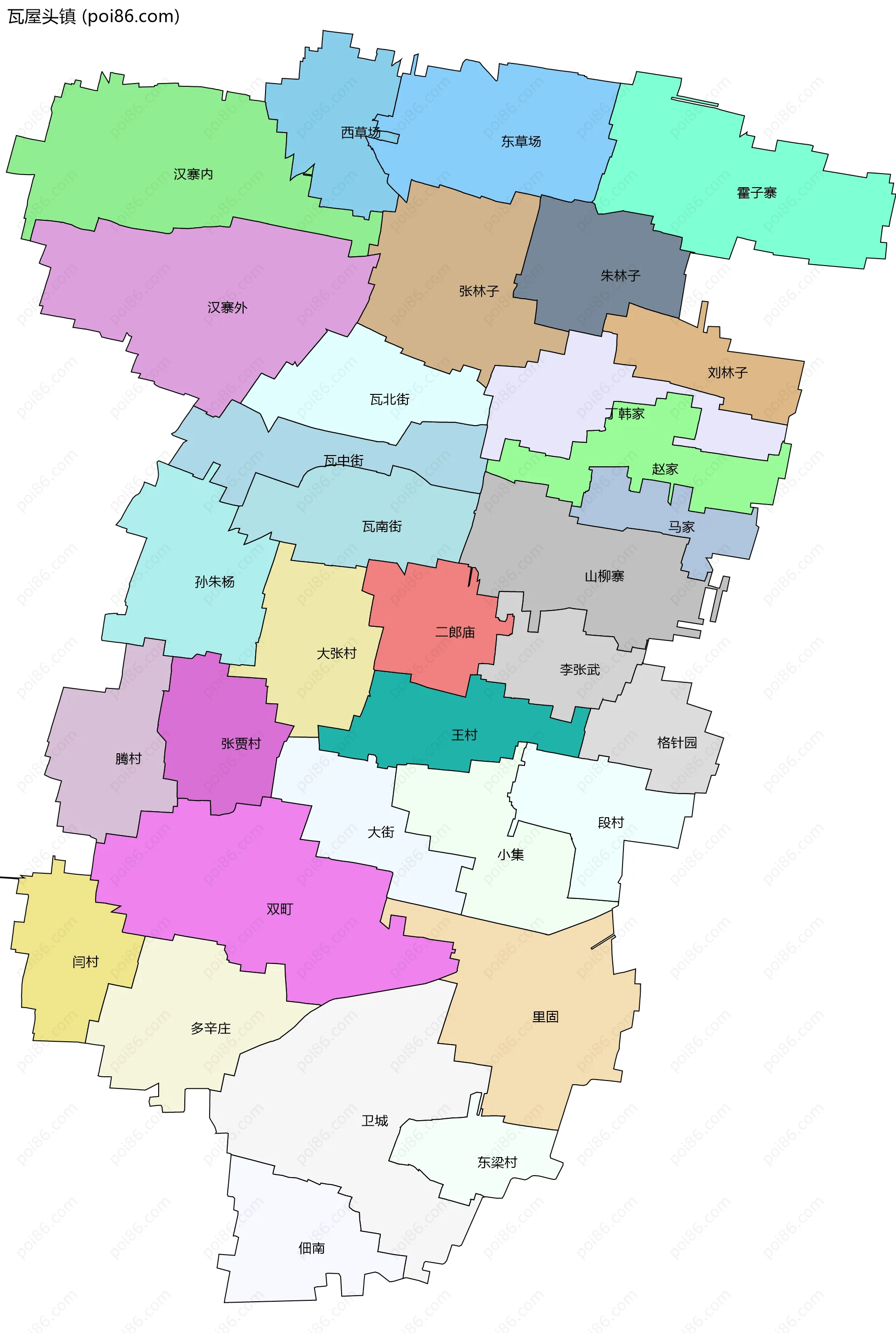瓦屋头镇边界地图(五级行政区划)