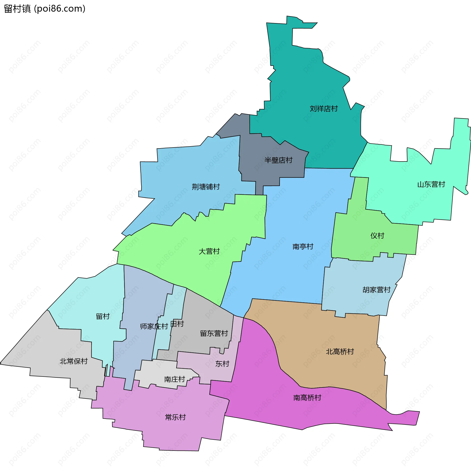 留村镇边界地图(五级行政区划)