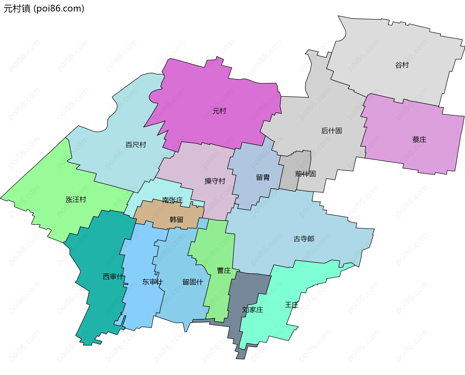 元村镇边界地图(五级行政区划)