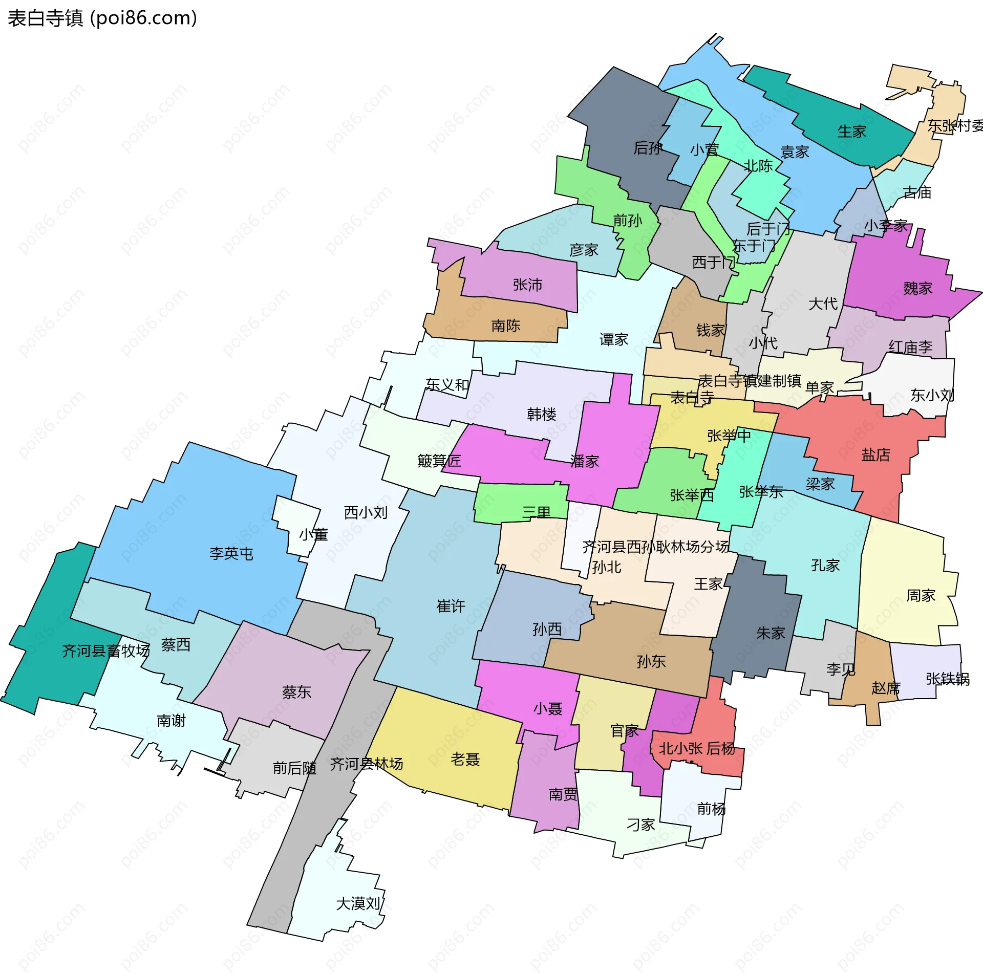 表白寺镇边界地图(五级行政区划)