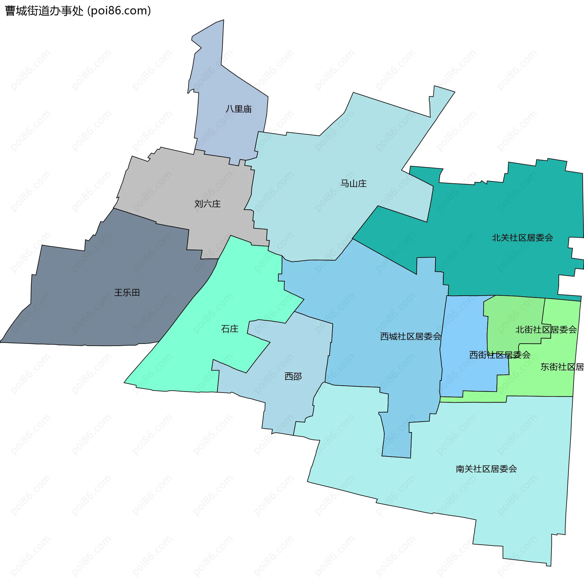 曹城街道办事处边界地图(五级行政区划)