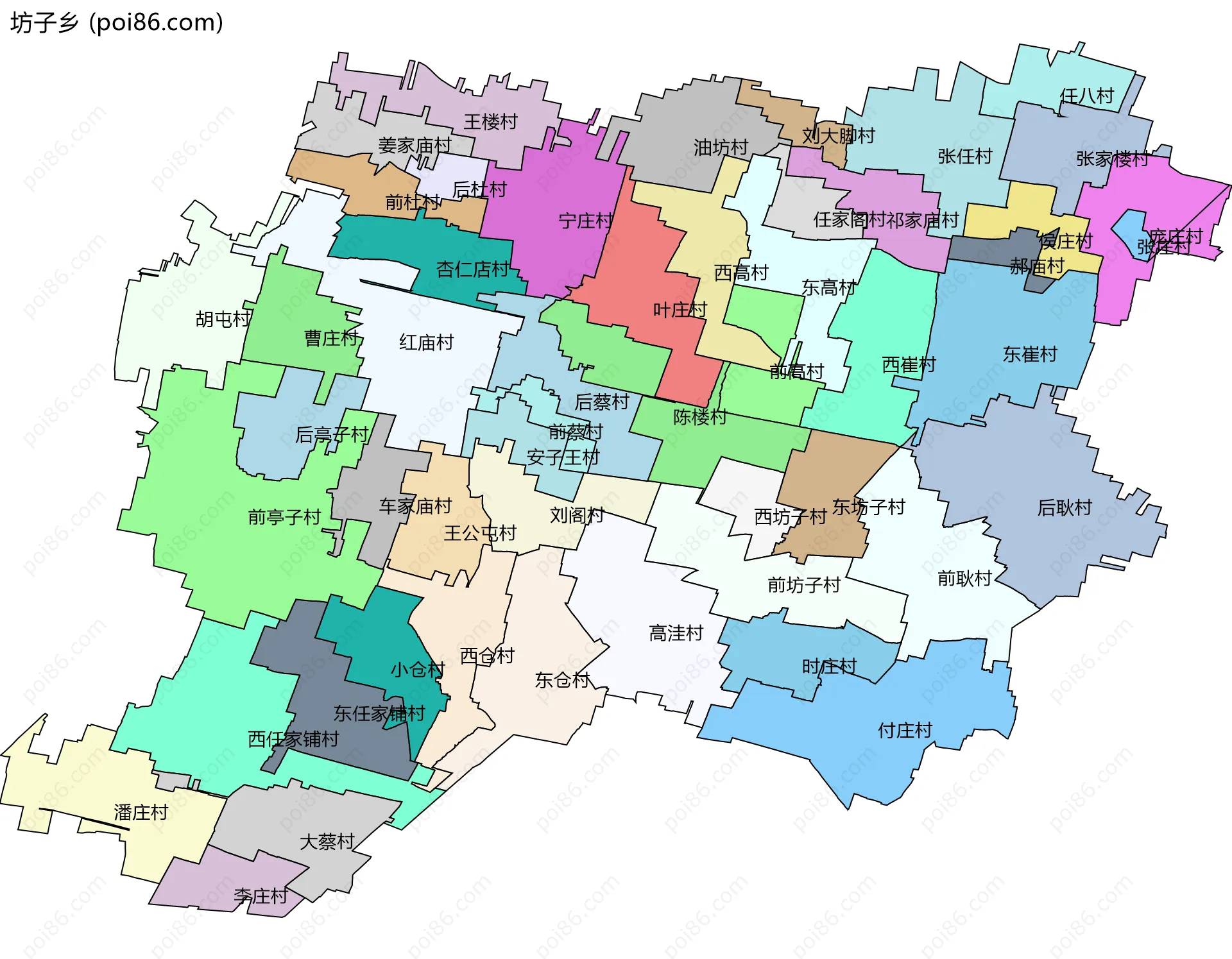 坊子乡边界地图(五级行政区划)