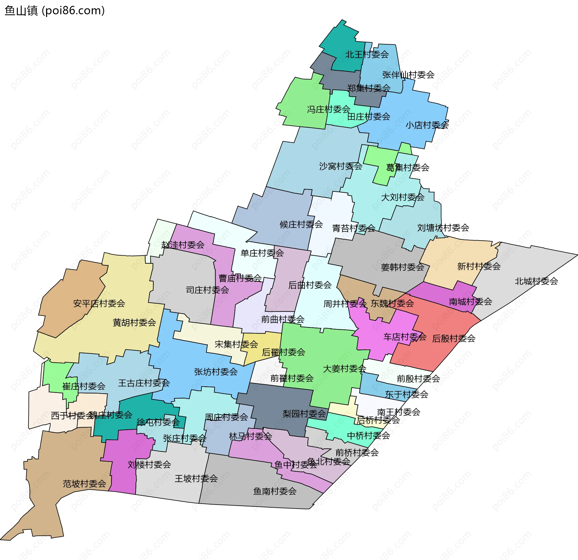 鱼山镇边界地图(五级行政区划)
