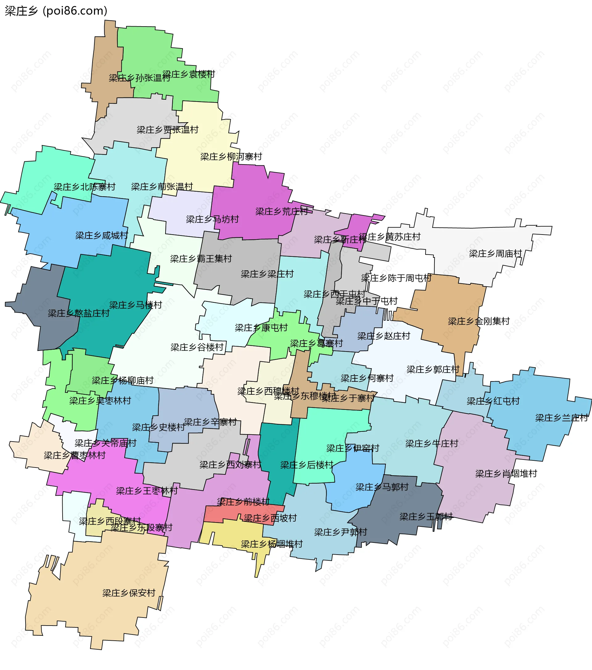 梁庄乡边界地图(五级行政区划)