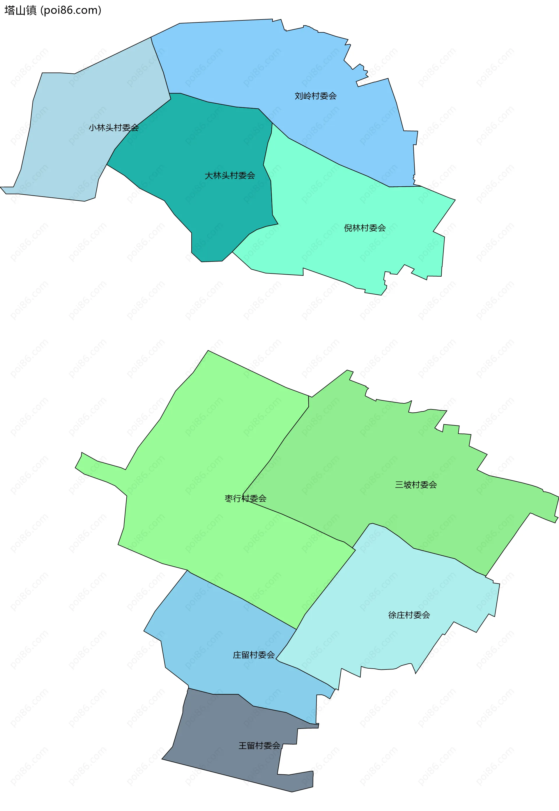 塔山镇边界地图(五级行政区划)
