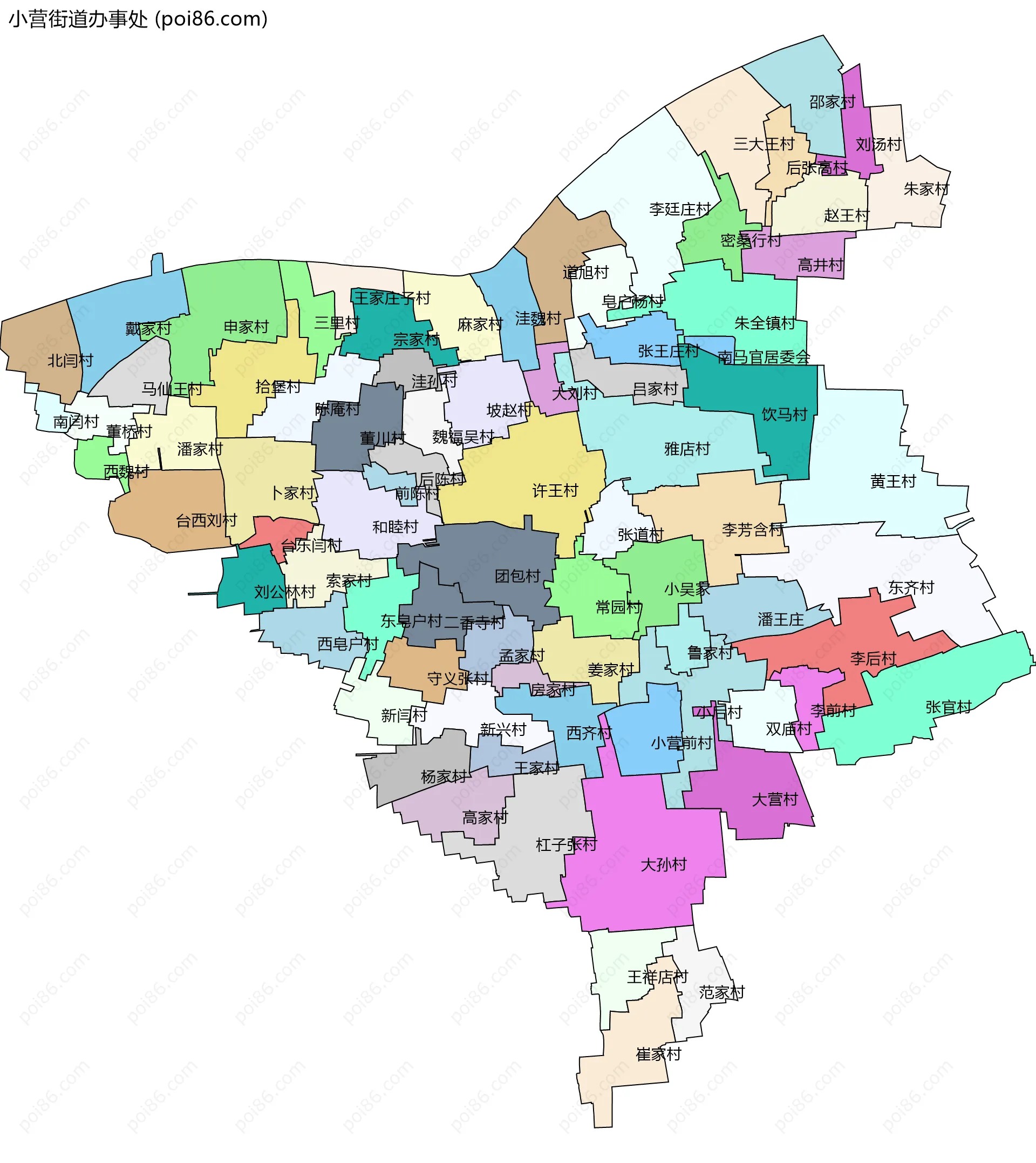 小营街道办事处边界地图(五级行政区划)