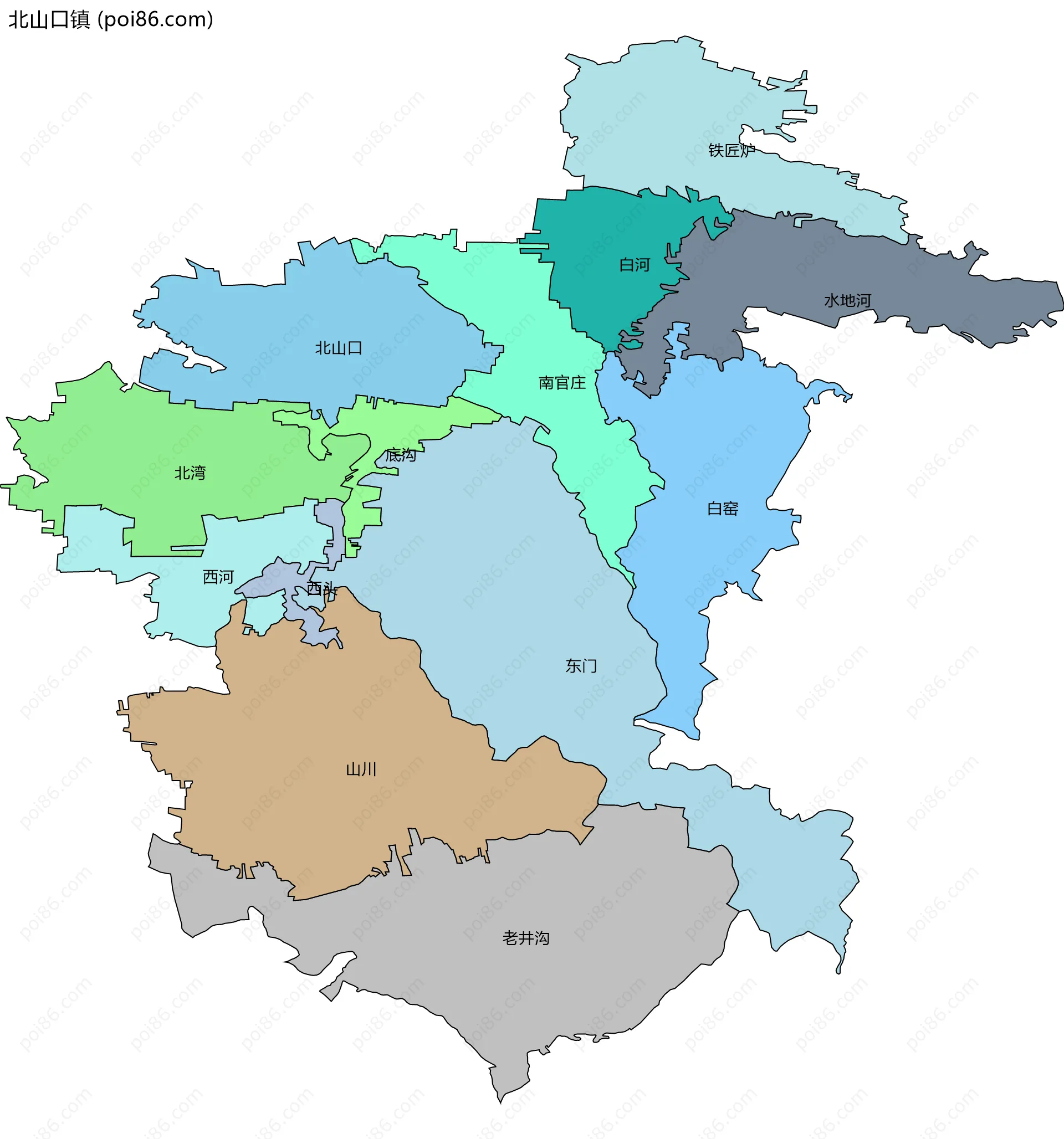 北山口镇边界地图(五级行政区划)