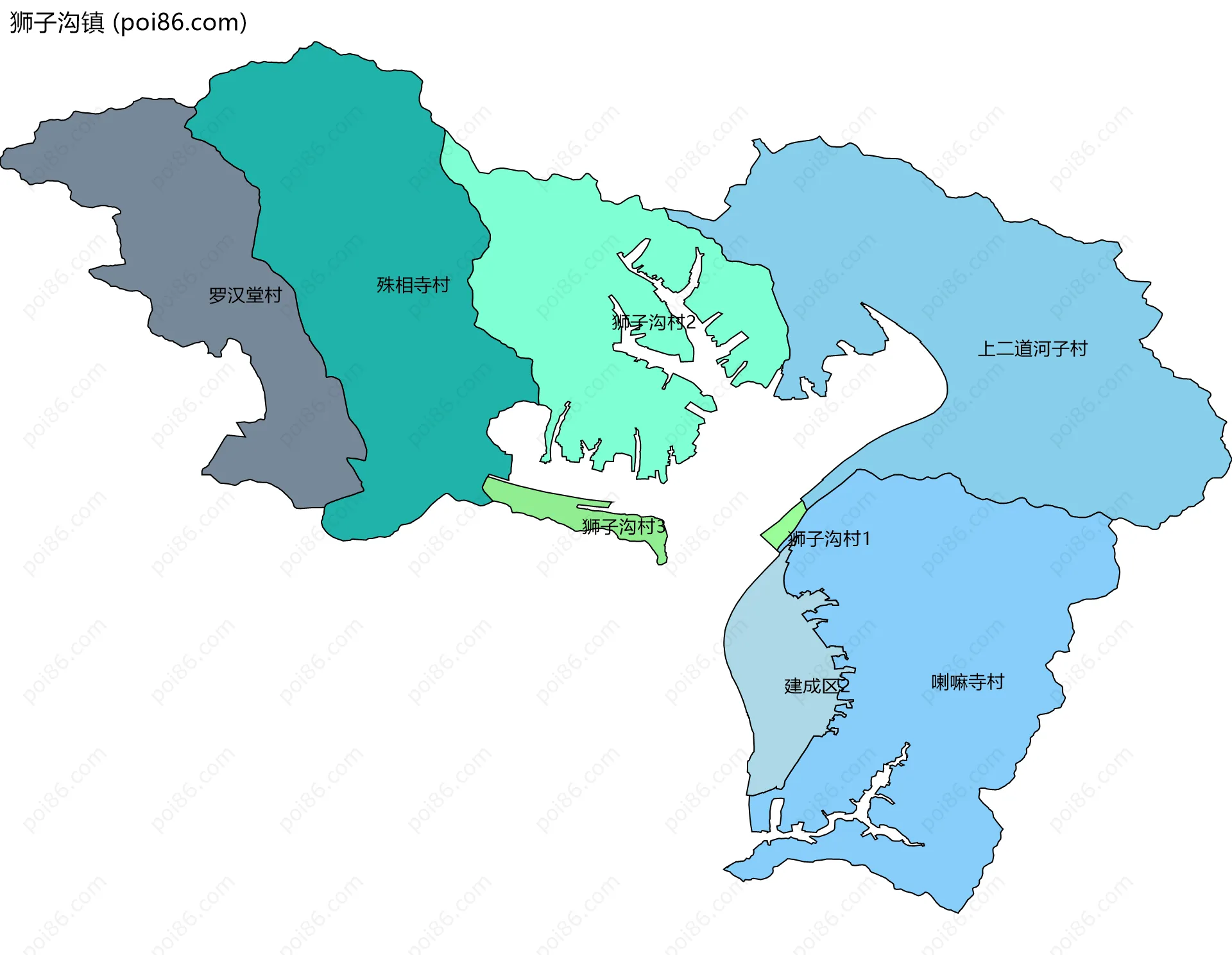 狮子沟镇边界地图(五级行政区划)