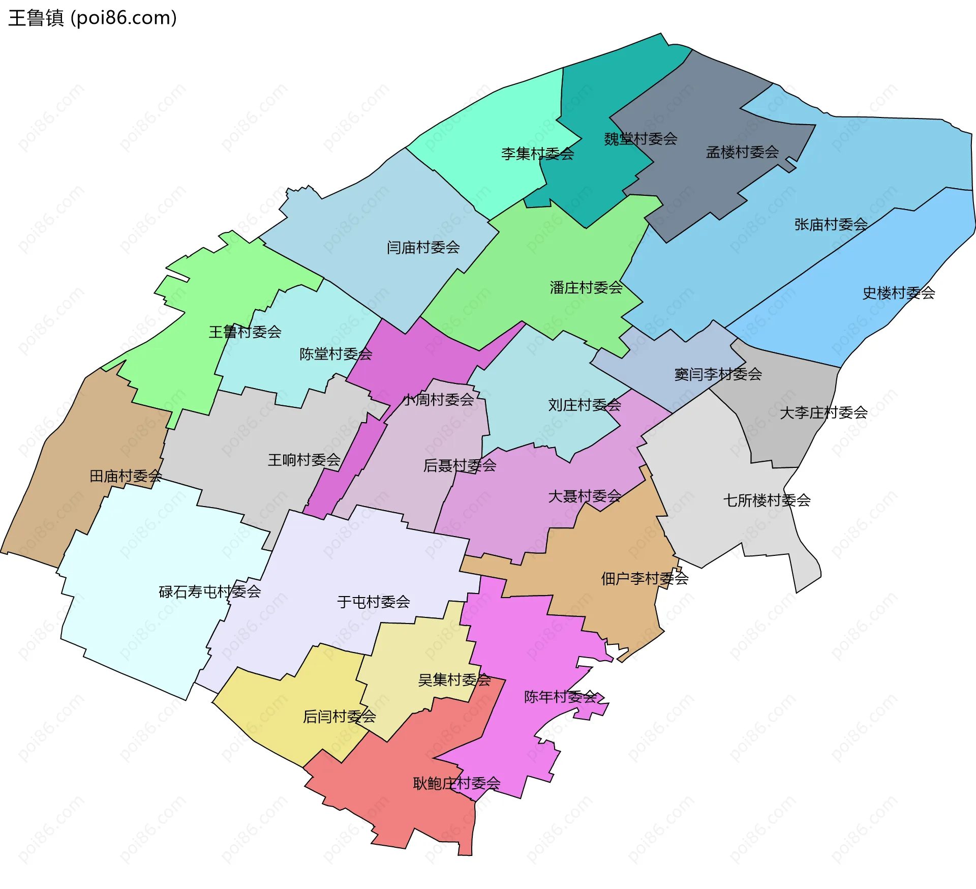 王鲁镇边界地图(五级行政区划)