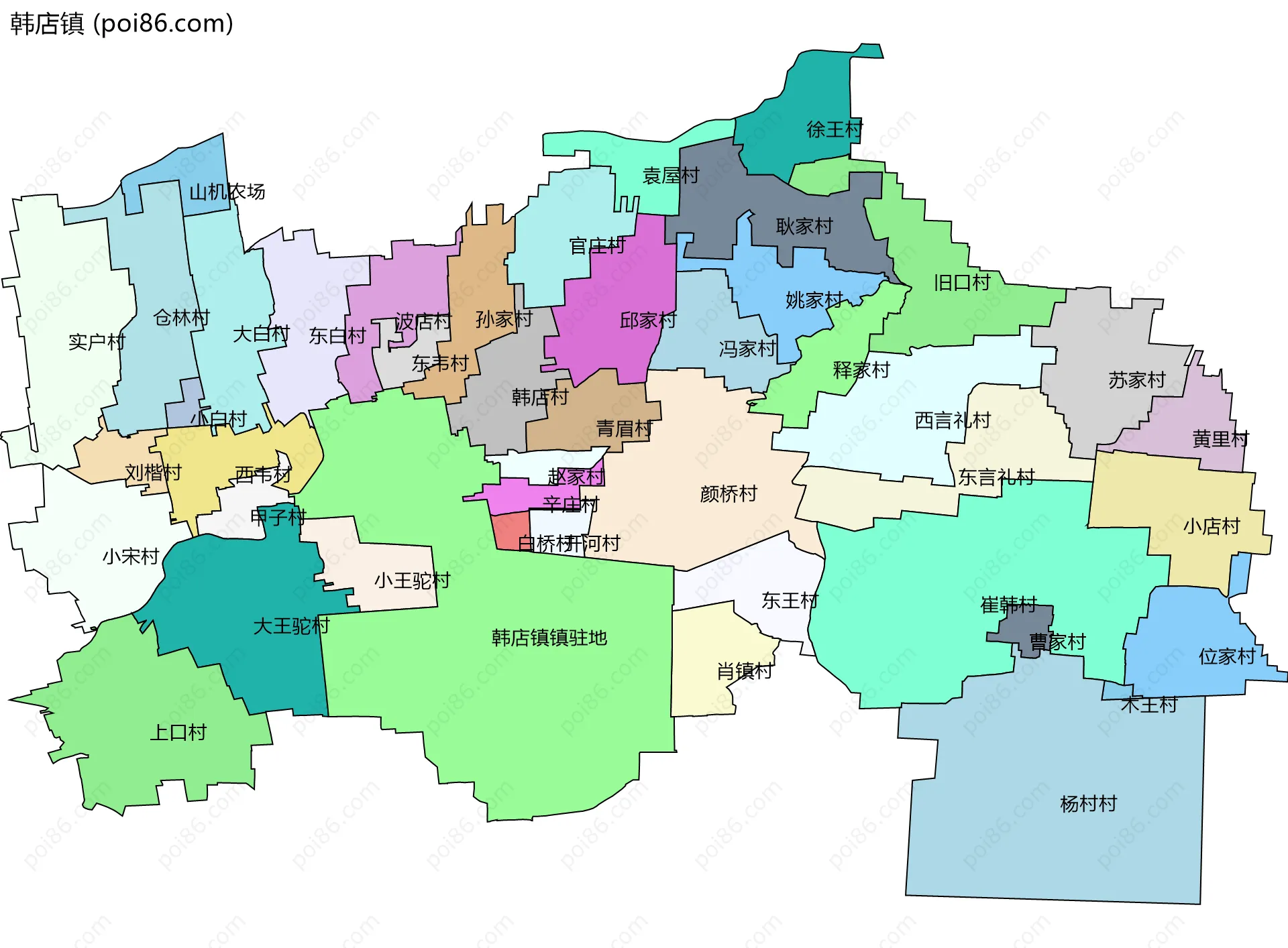 韩店镇边界地图(五级行政区划)