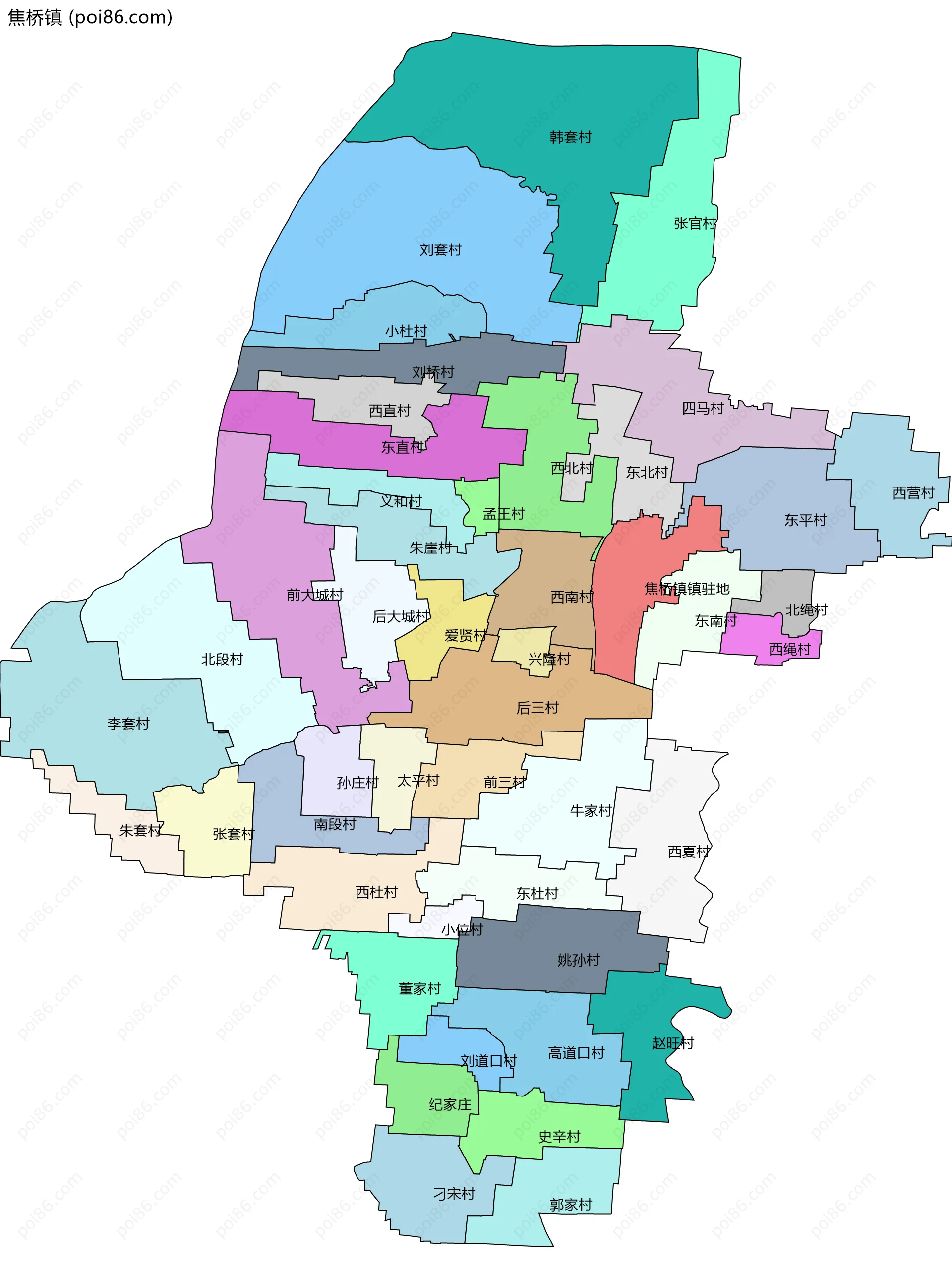 焦桥镇边界地图(五级行政区划)