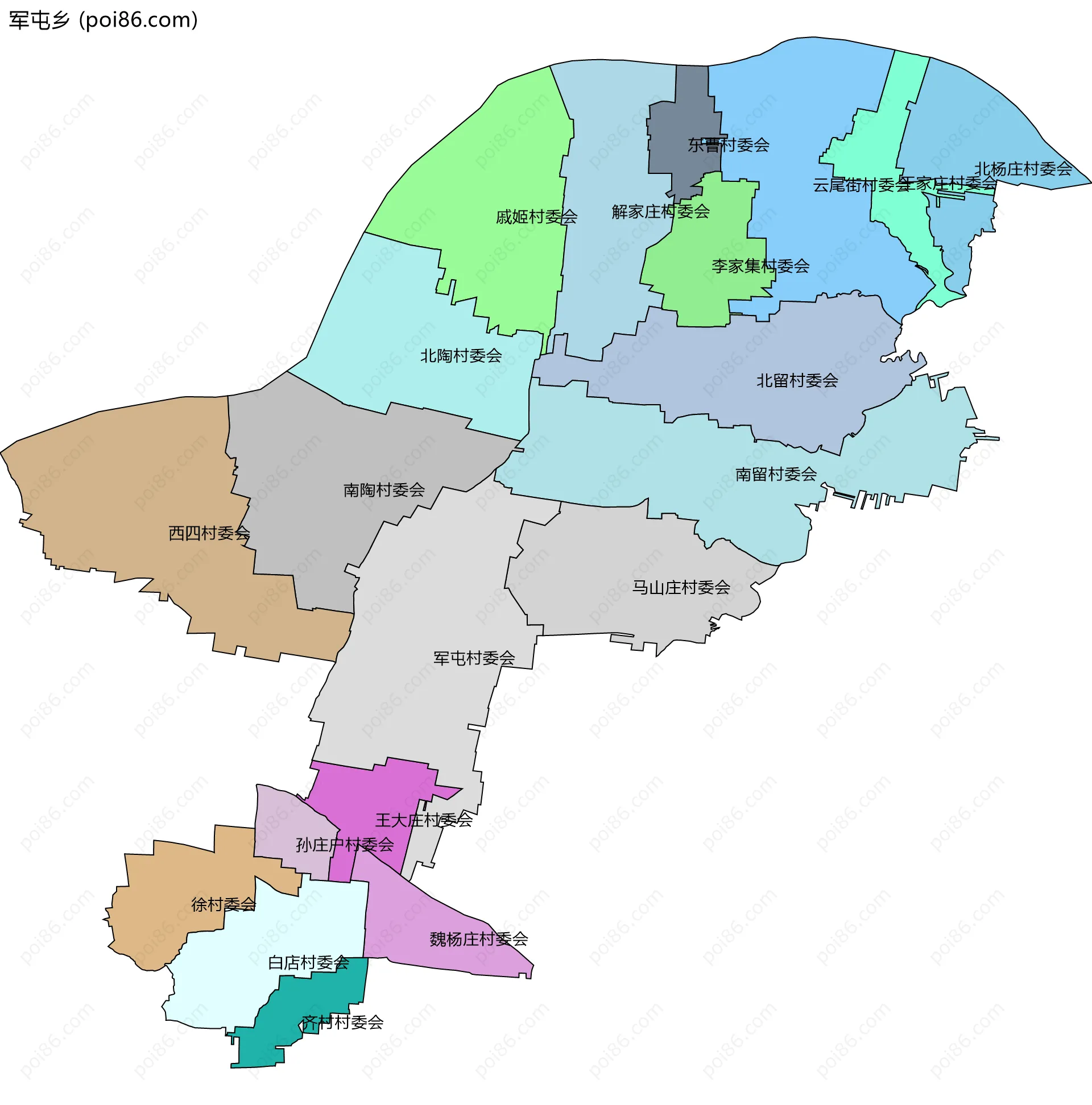 军屯乡边界地图(五级行政区划)