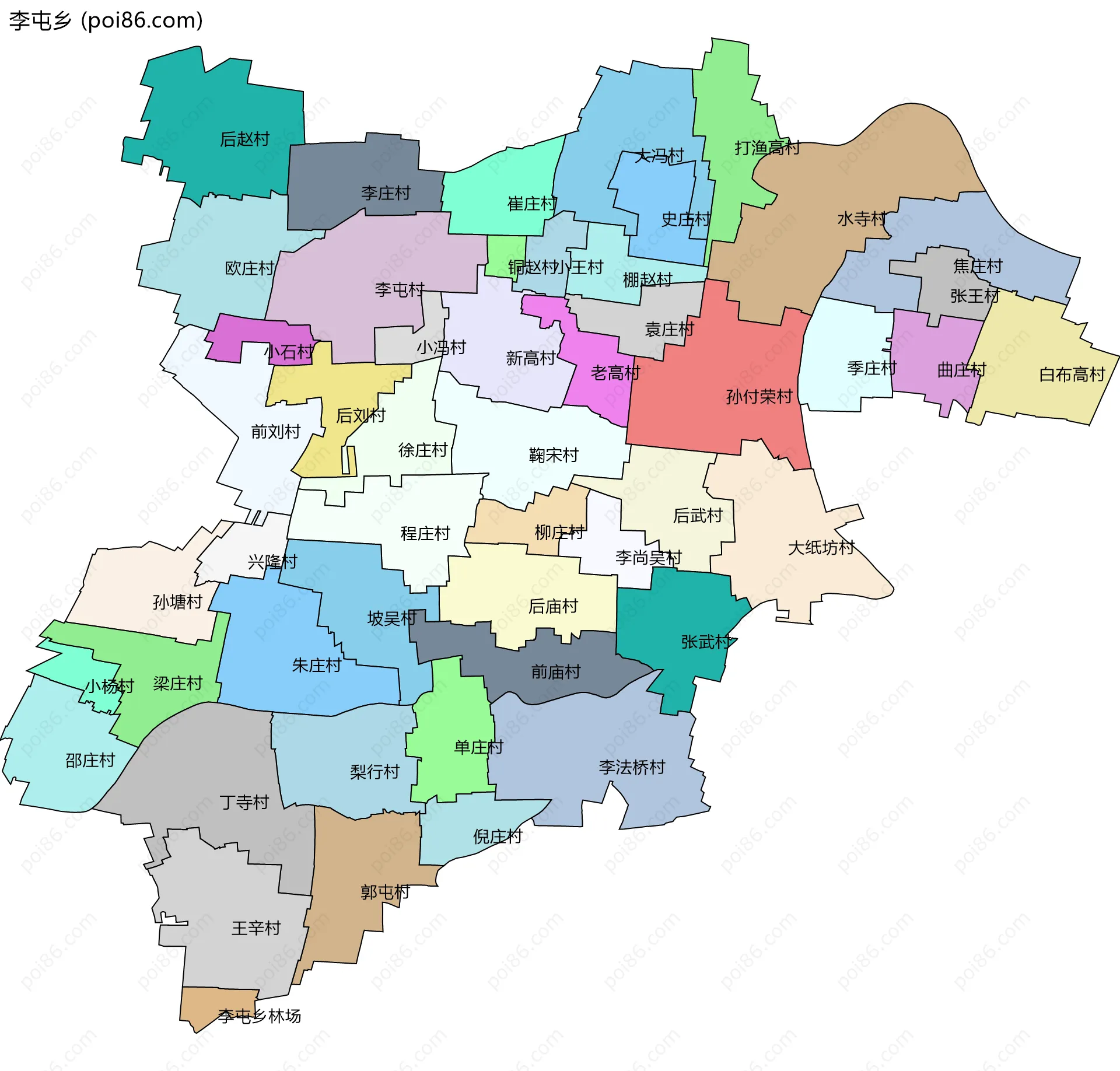 李屯乡边界地图(五级行政区划)