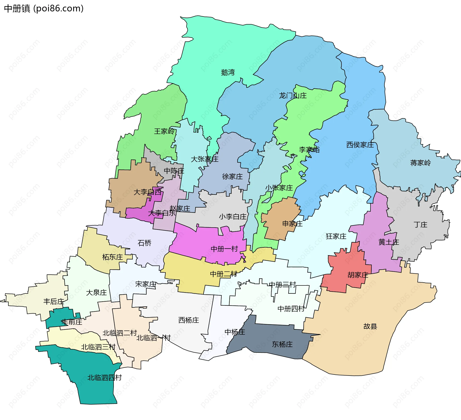 中册镇边界地图(五级行政区划)