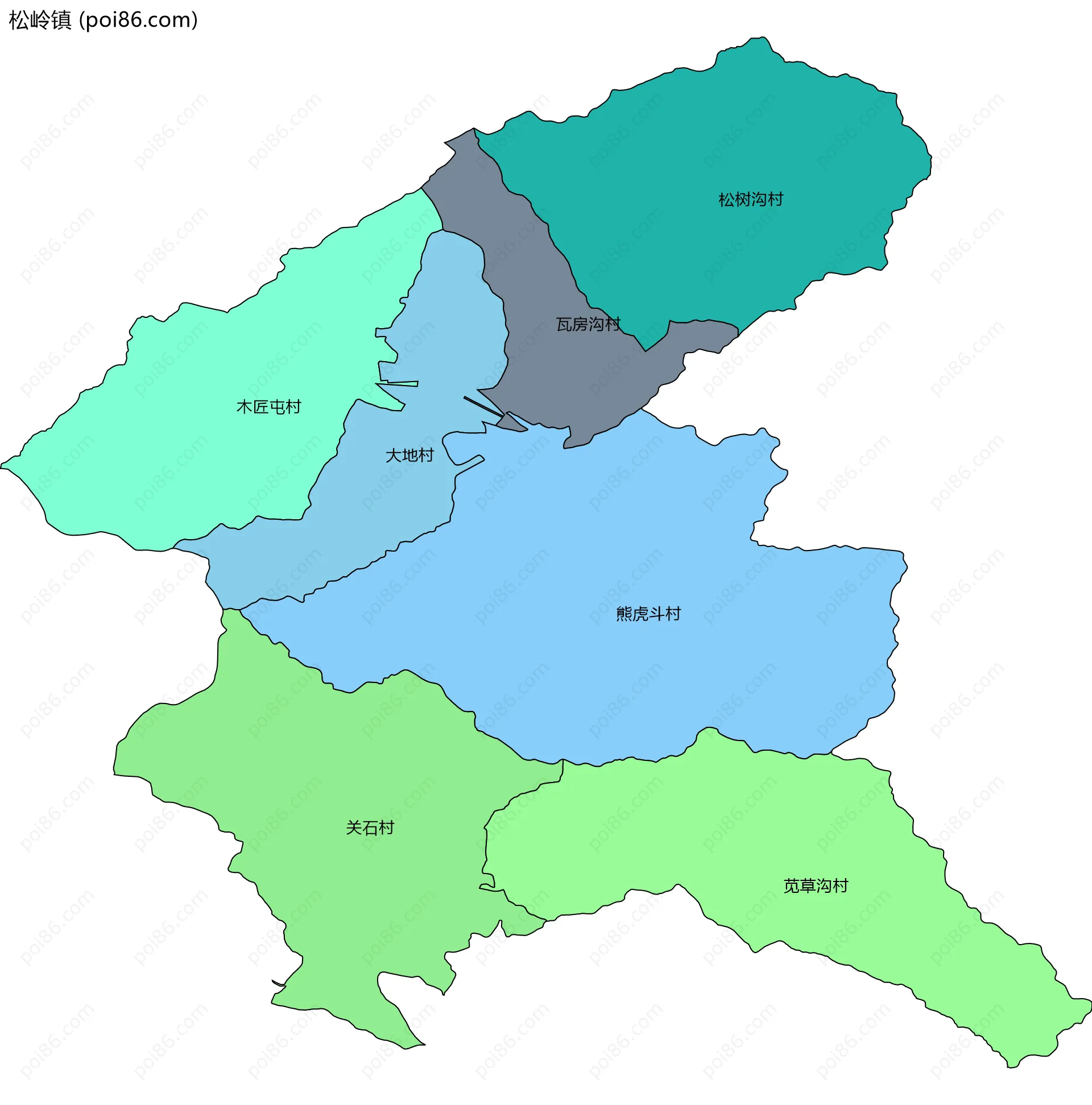 松岭镇边界地图(五级行政区划)