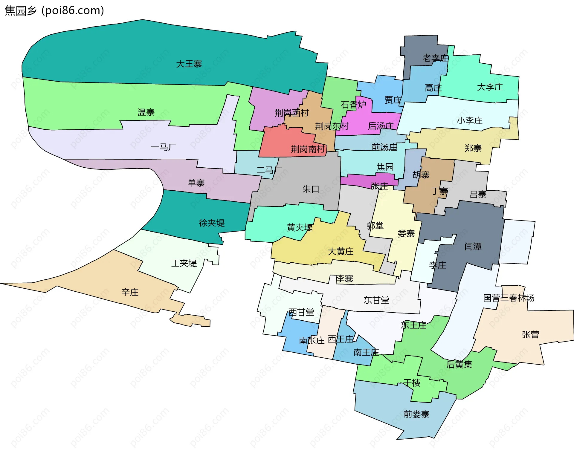 焦园乡边界地图(五级行政区划)