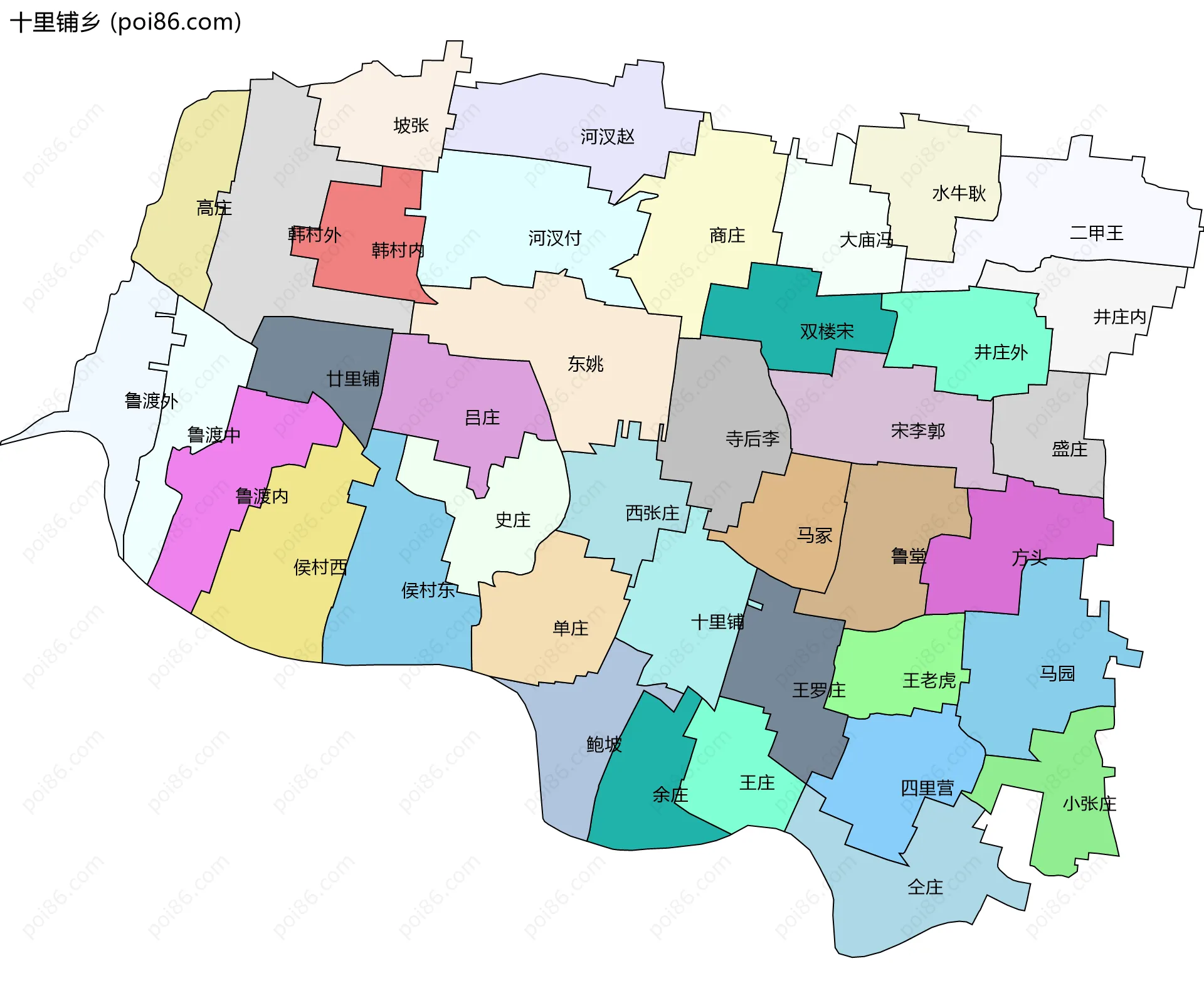 十里铺乡边界地图(五级行政区划)