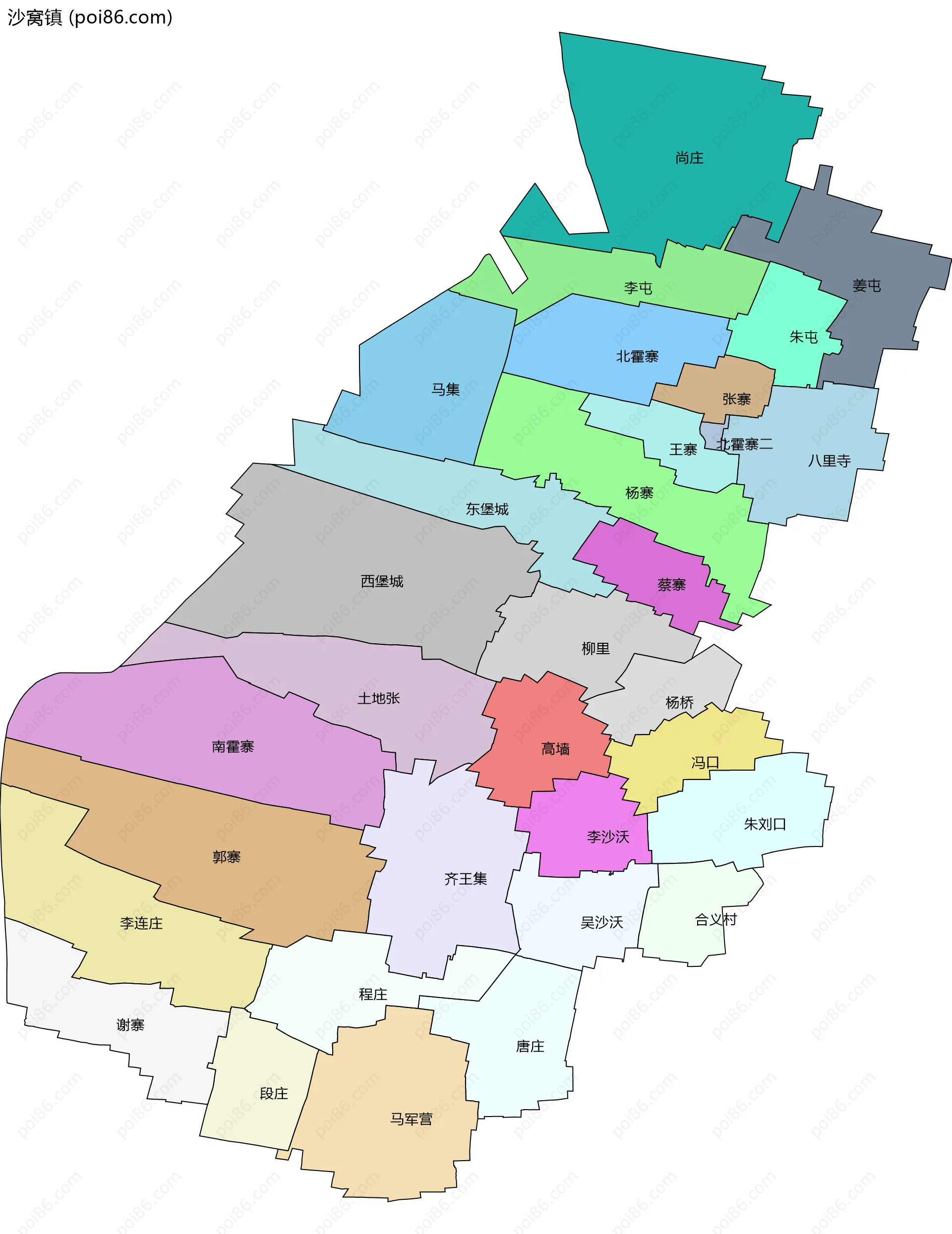 沙窝镇边界地图(五级行政区划)