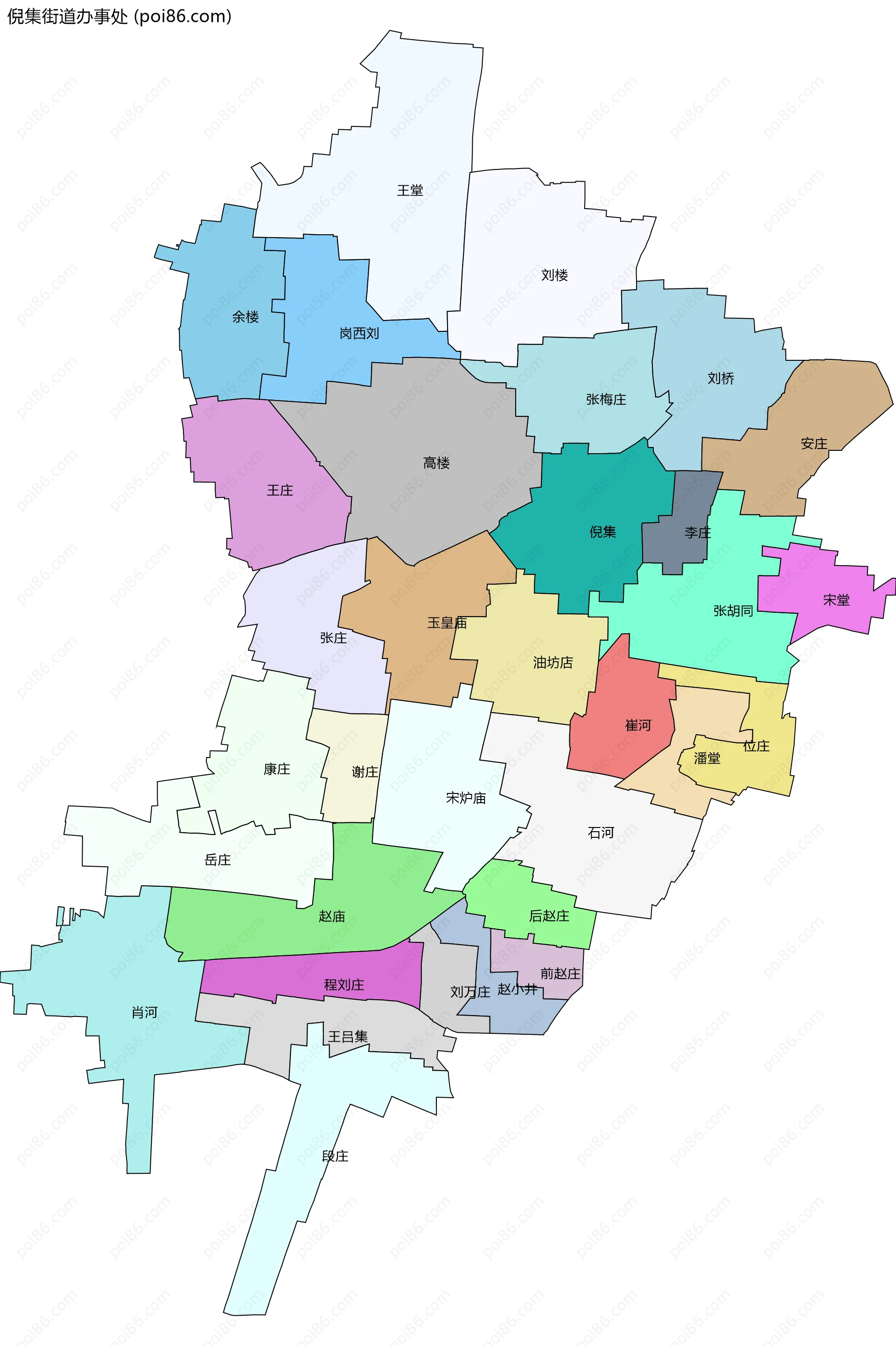 倪集街道办事处边界地图(五级行政区划)