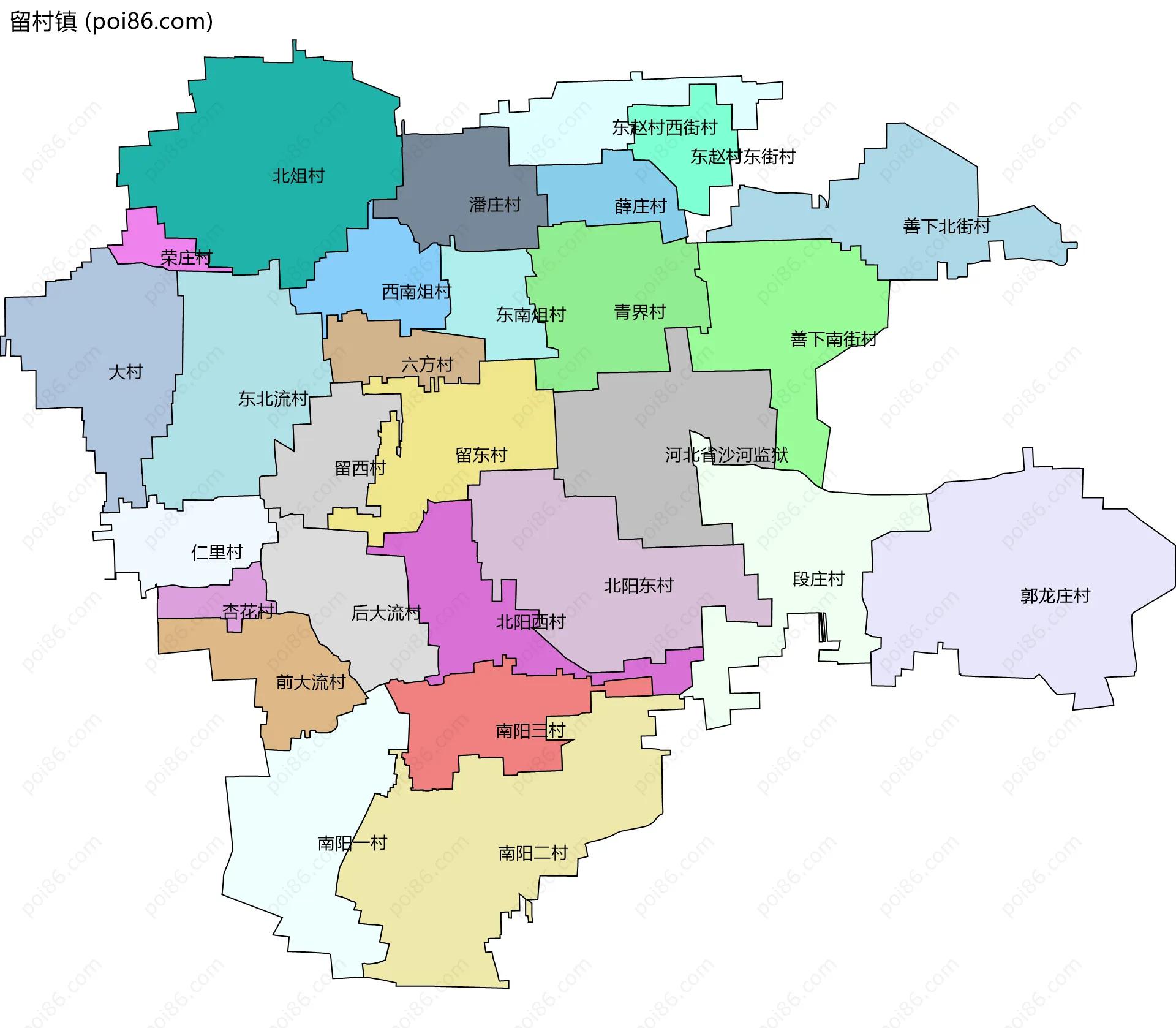 留村镇边界地图(五级行政区划)