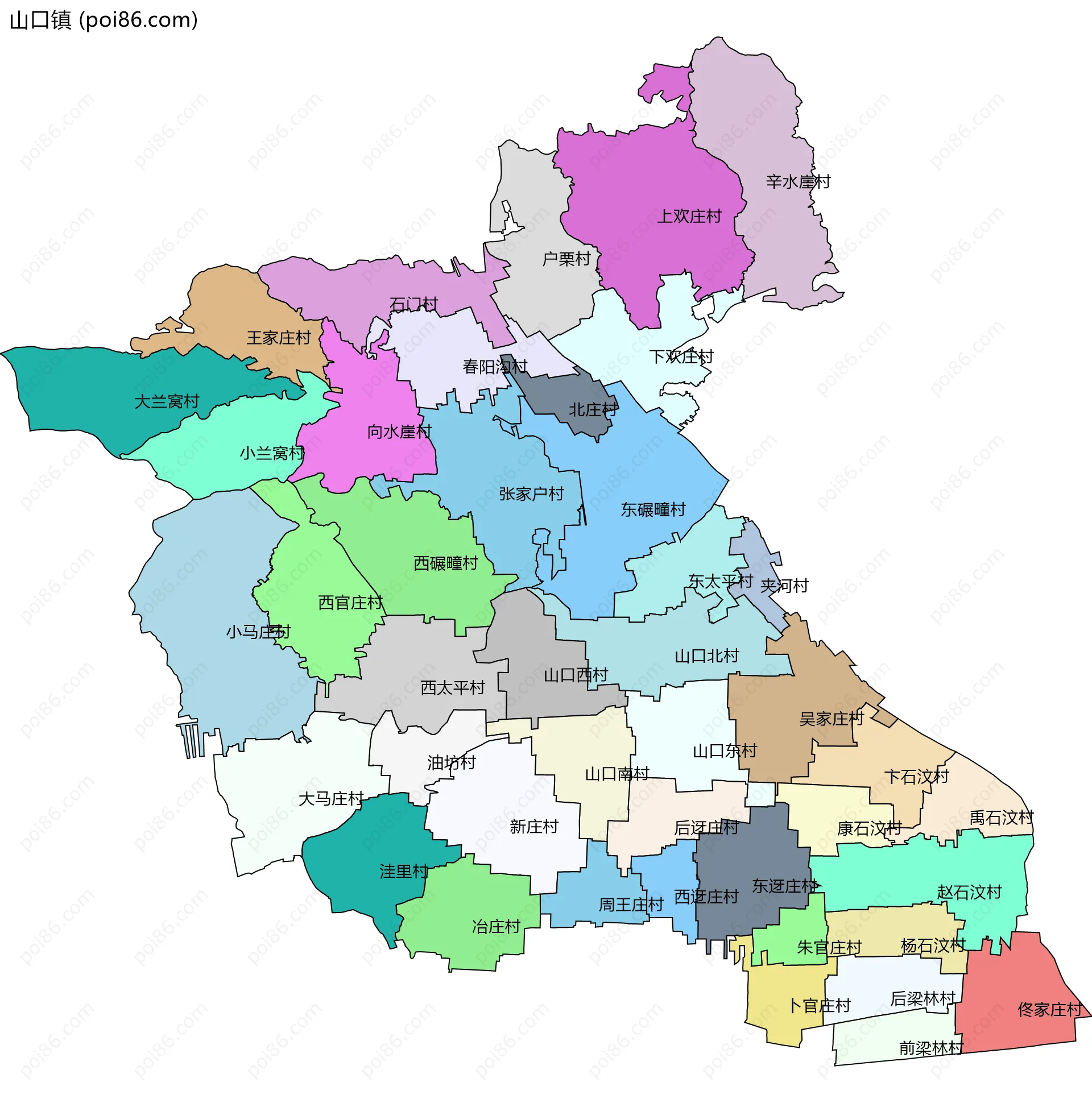 山口镇边界地图(五级行政区划)