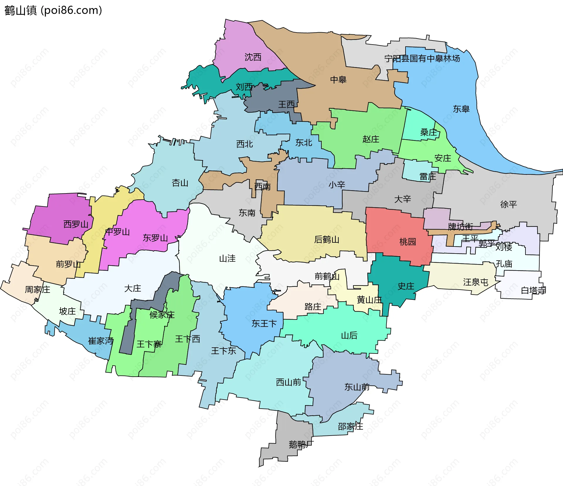 鹤山镇边界地图(五级行政区划)
